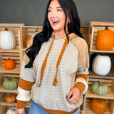 Striped Color Block Quilted Hoodie - Mocha/Taupe - Lace and Grace Boutique