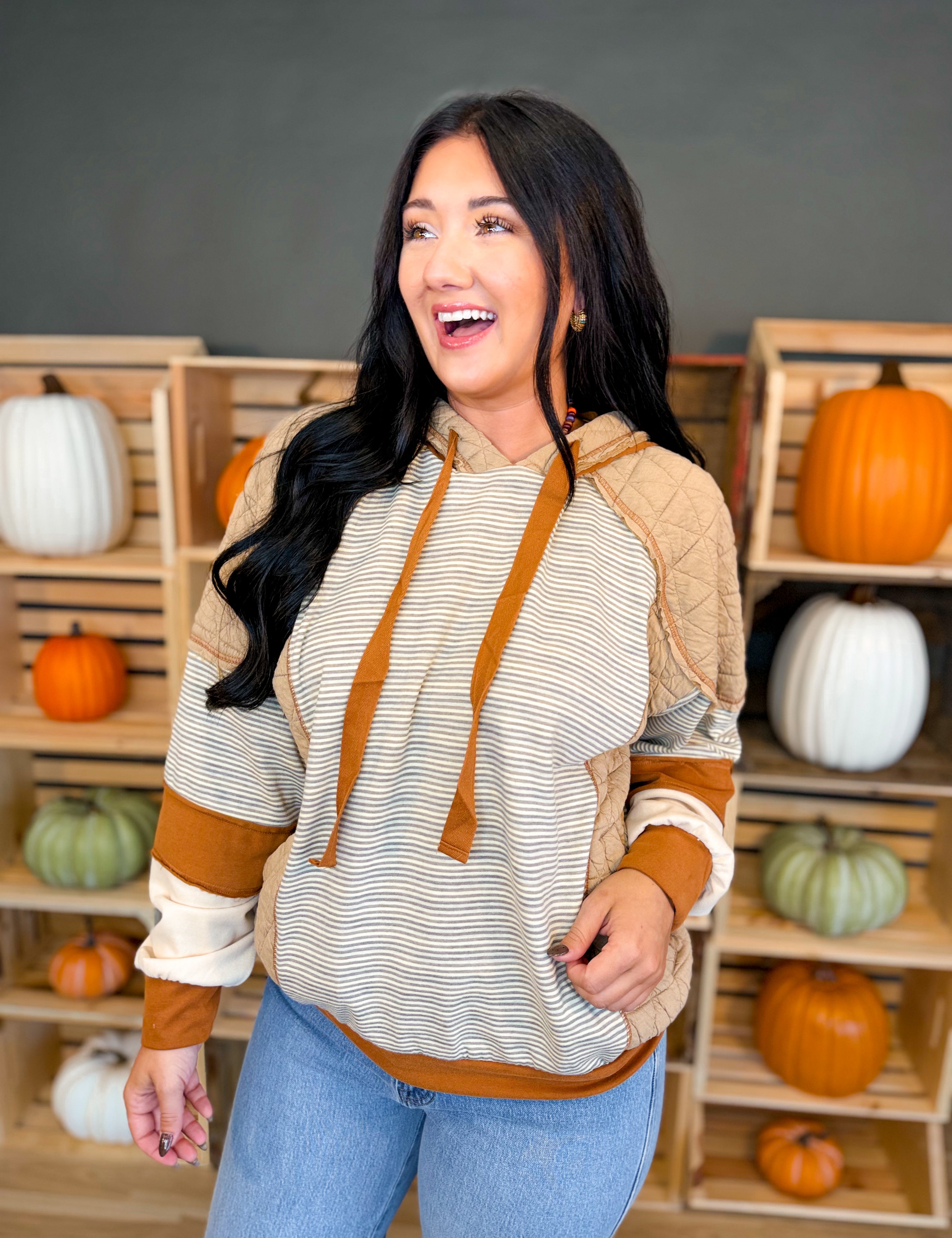 Striped Color Block Quilted Hoodie - Mocha/Taupe - Lace and Grace Boutique