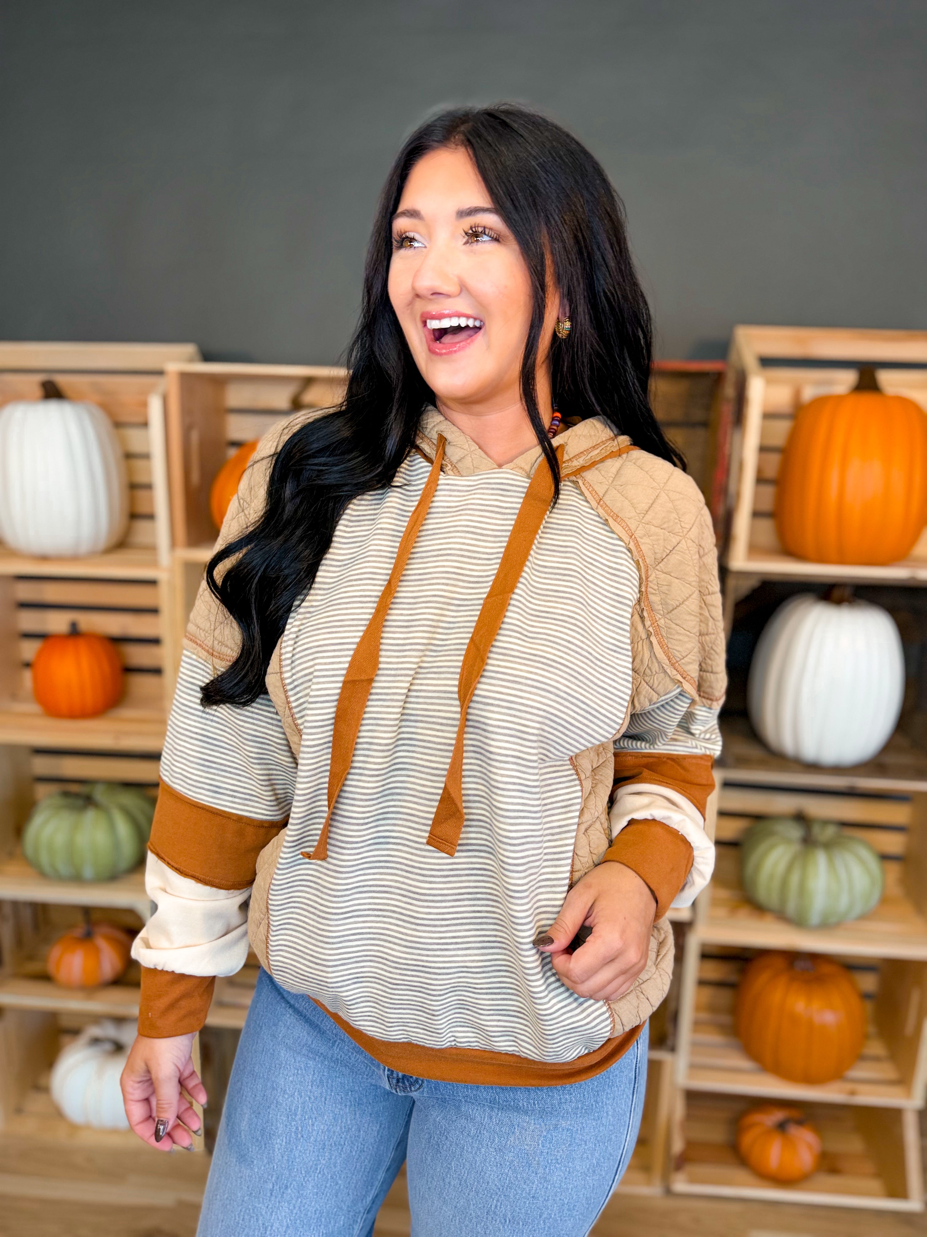 Striped Color Block Quilted Hoodie - Mocha/Taupe - Lace and Grace Boutique