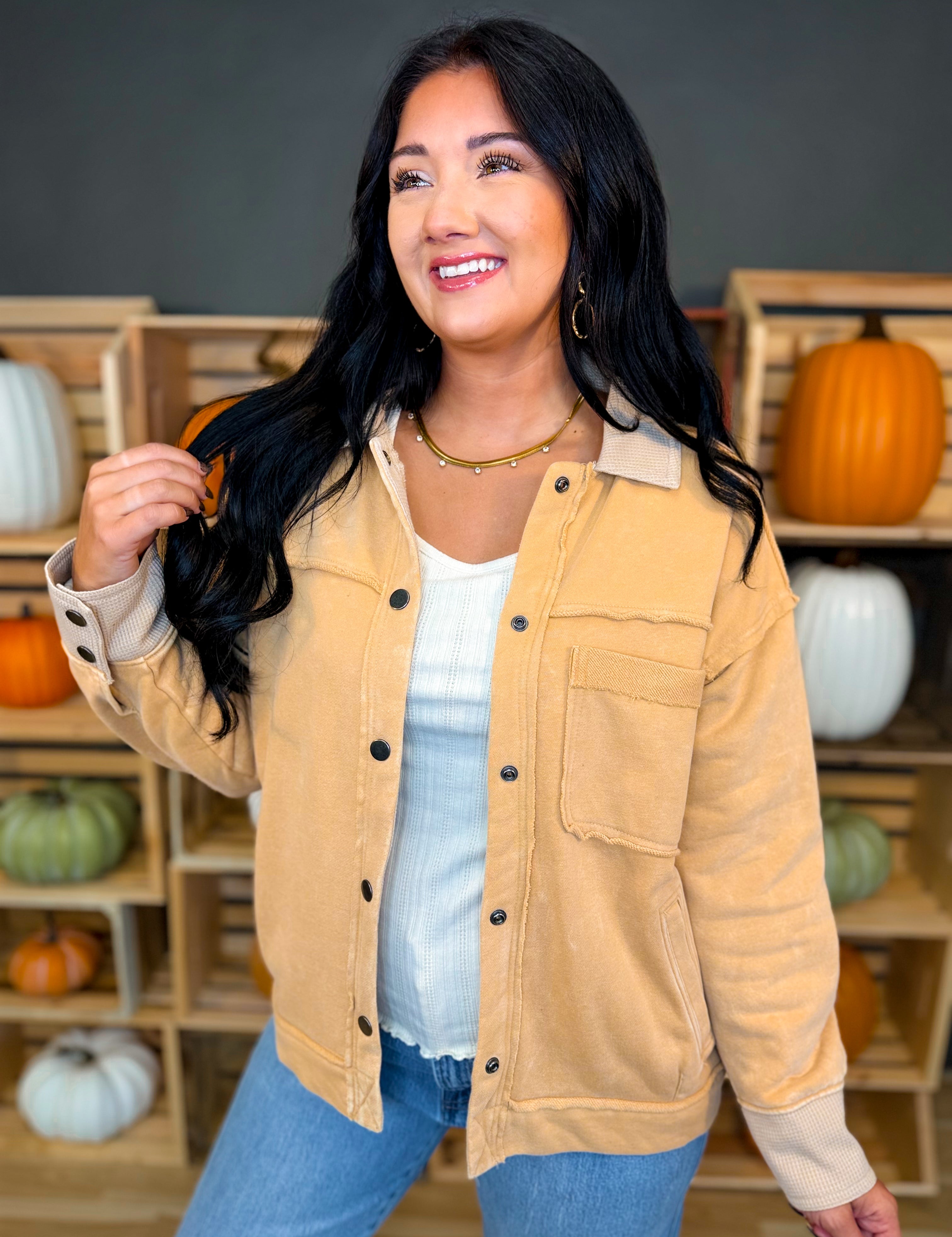 Washed Button Down Raw Edge Jacket - Ocher - Lace and Grace Boutique