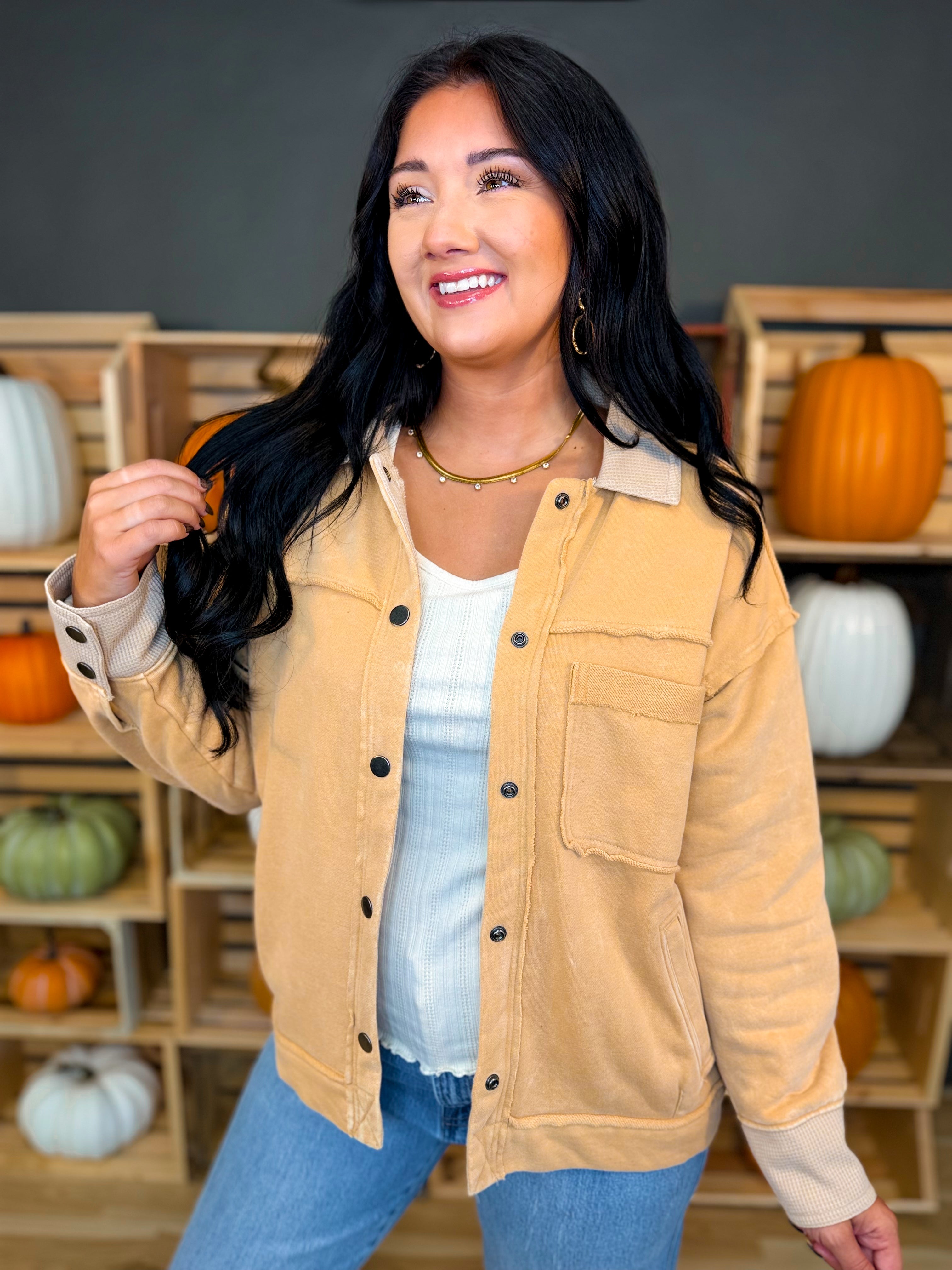 Washed Button Down Raw Edge Jacket - Ocher - Lace and Grace Boutique