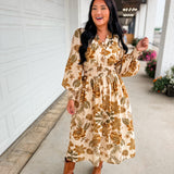 Fall Floral Printed Long Sleeve Midi Dress - Sand Multi