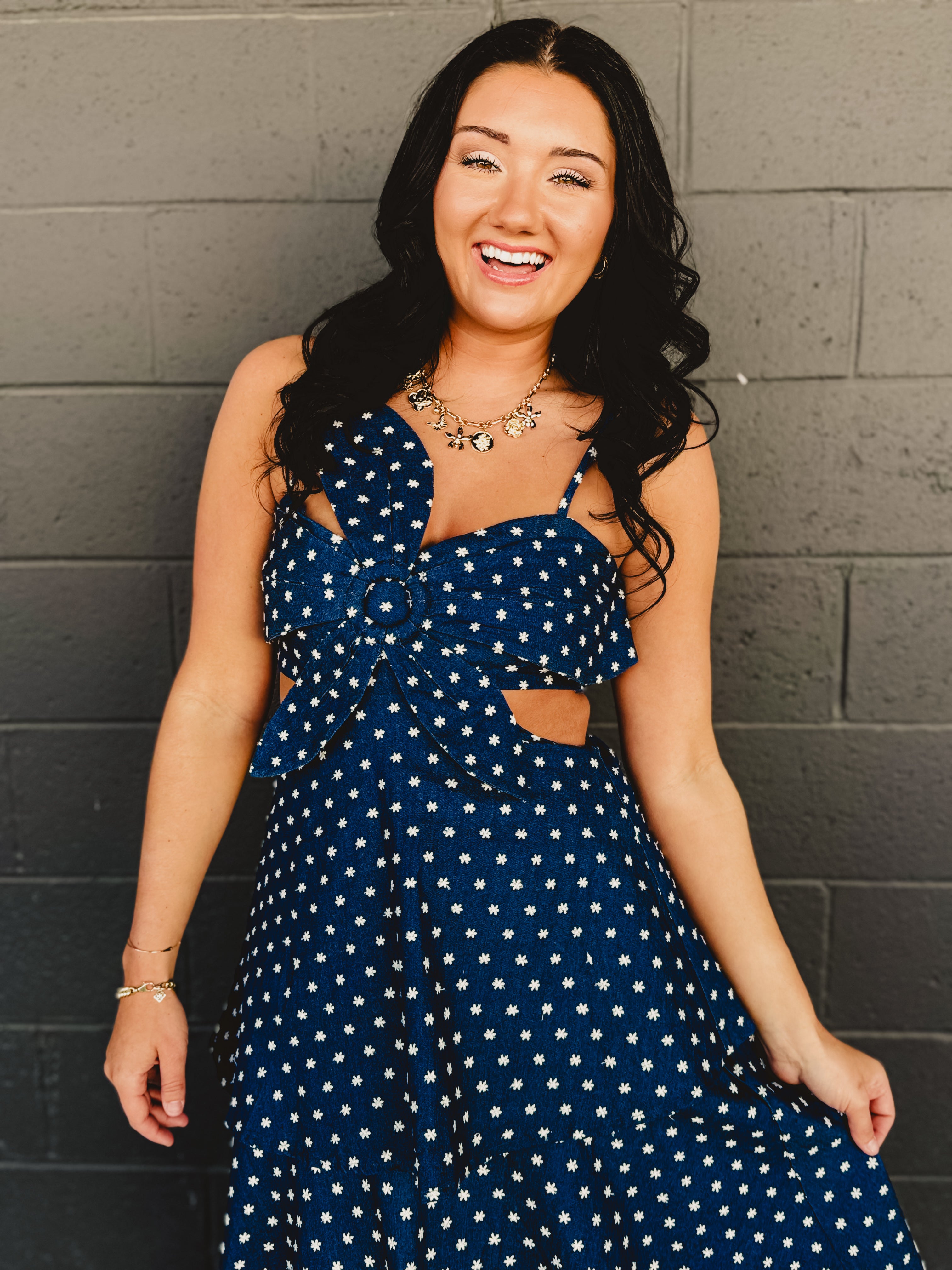 Denim Floral Embroidered Tiered Flare Maxi Dress - Lace and Grace Boutique