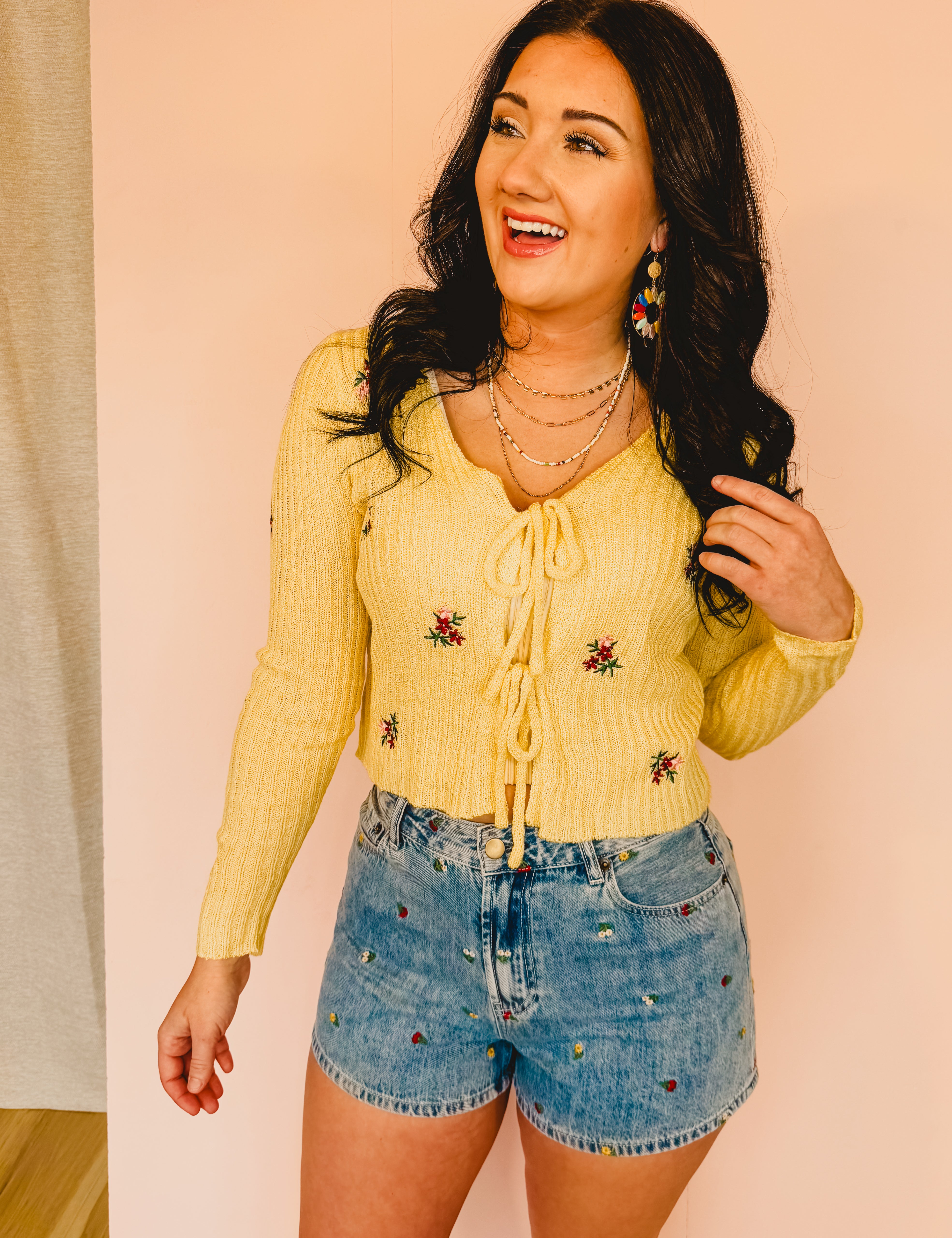 Flower Embroidered High-Rise Denim Shorts - Lace and Grace Boutique