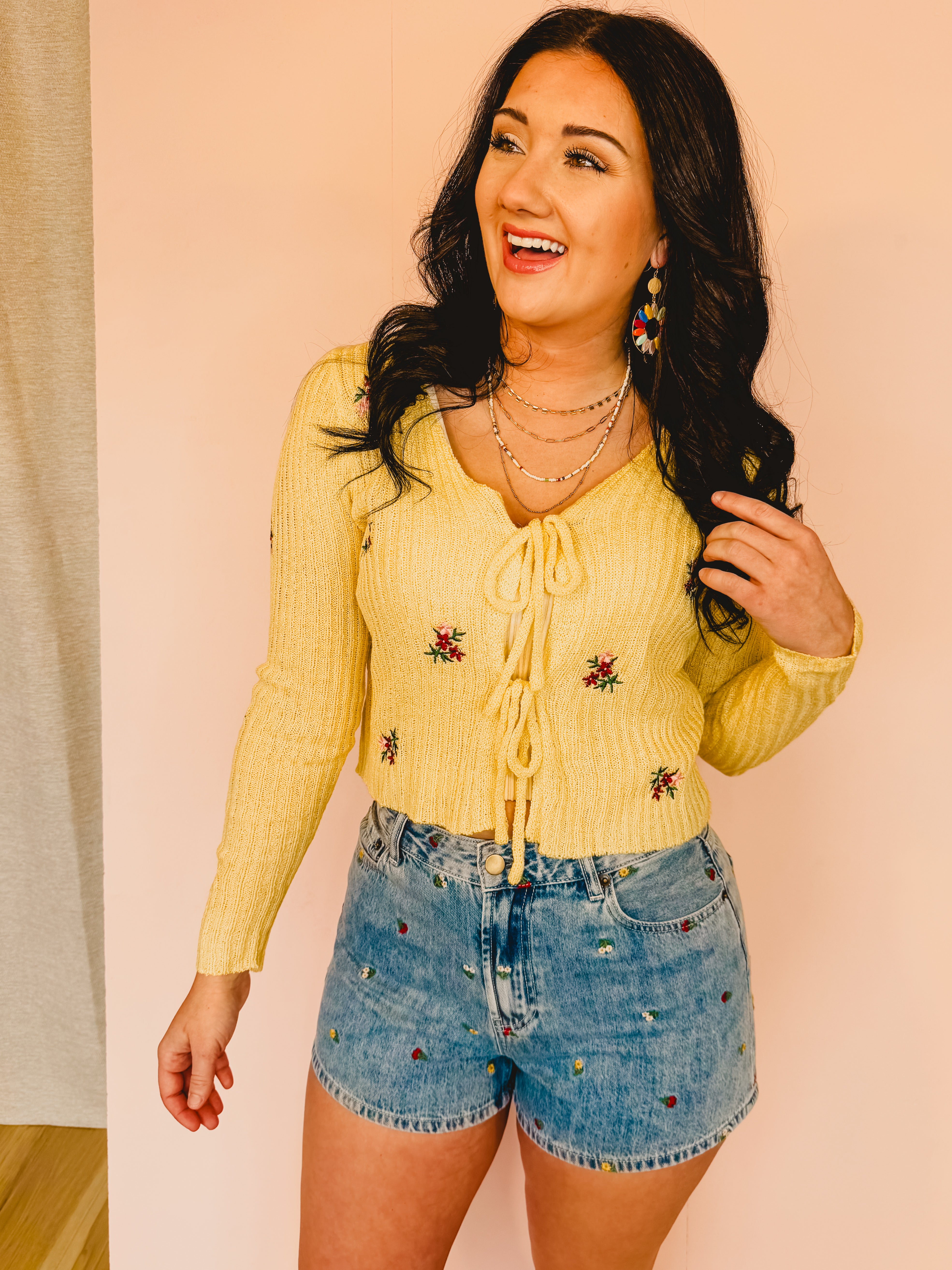 Flower Embroidered High-Rise Denim Shorts - Lace and Grace Boutique