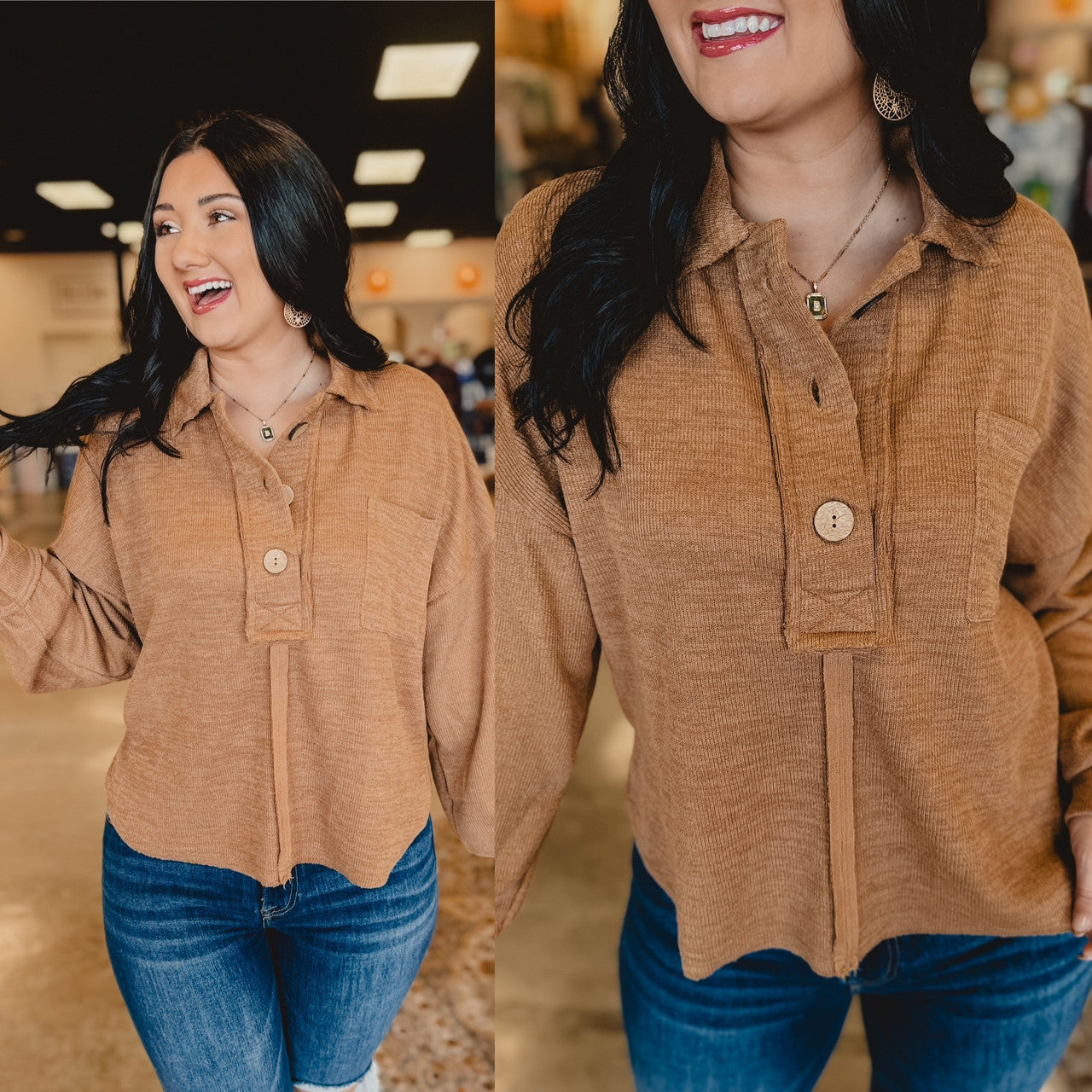 Chunky Button Down Relaxed Fit Top - Almond - Lace and Grace Boutique