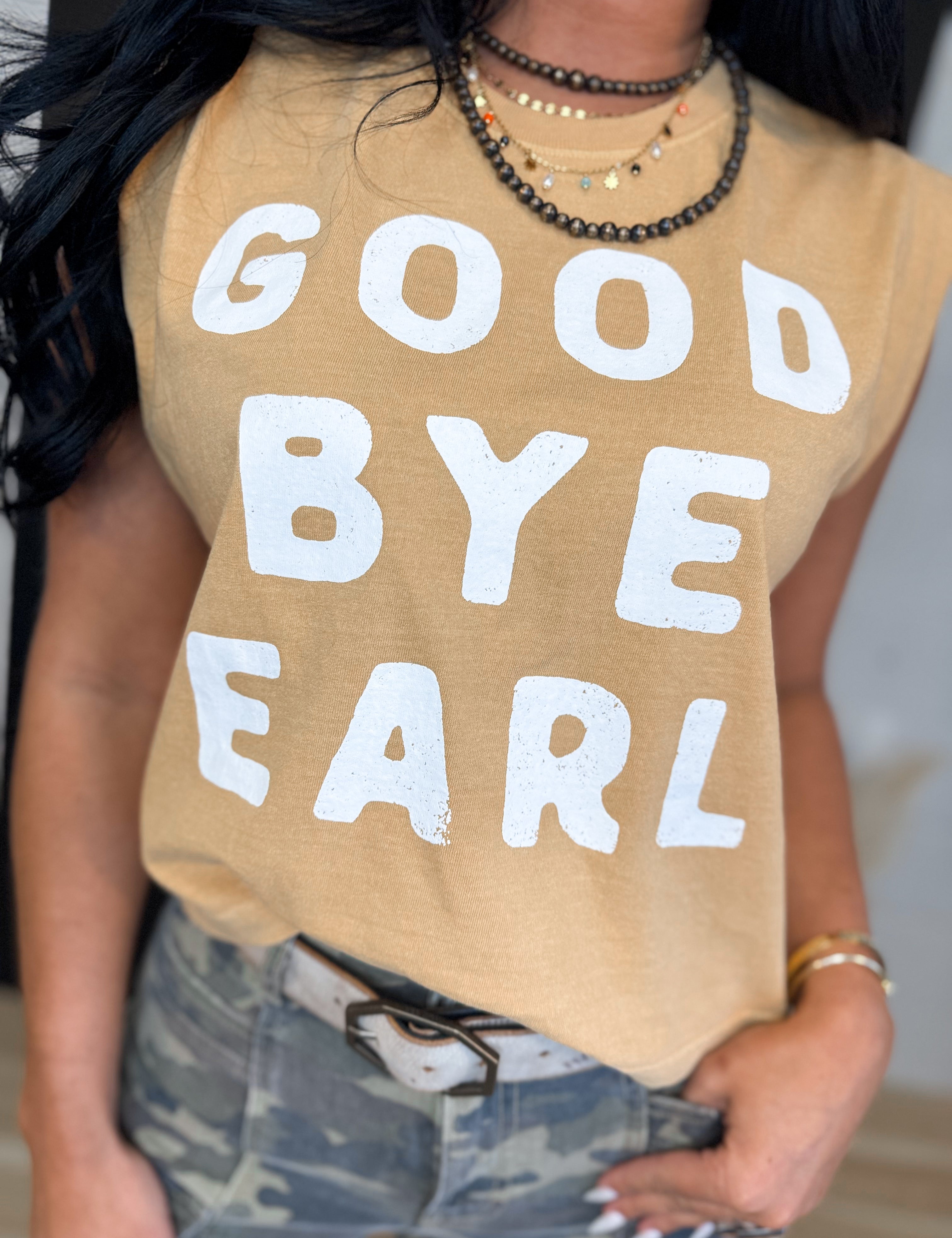 Good Bye Earl Graphic Muscle Tank - Faded Mustard - Lace and Grace Boutique