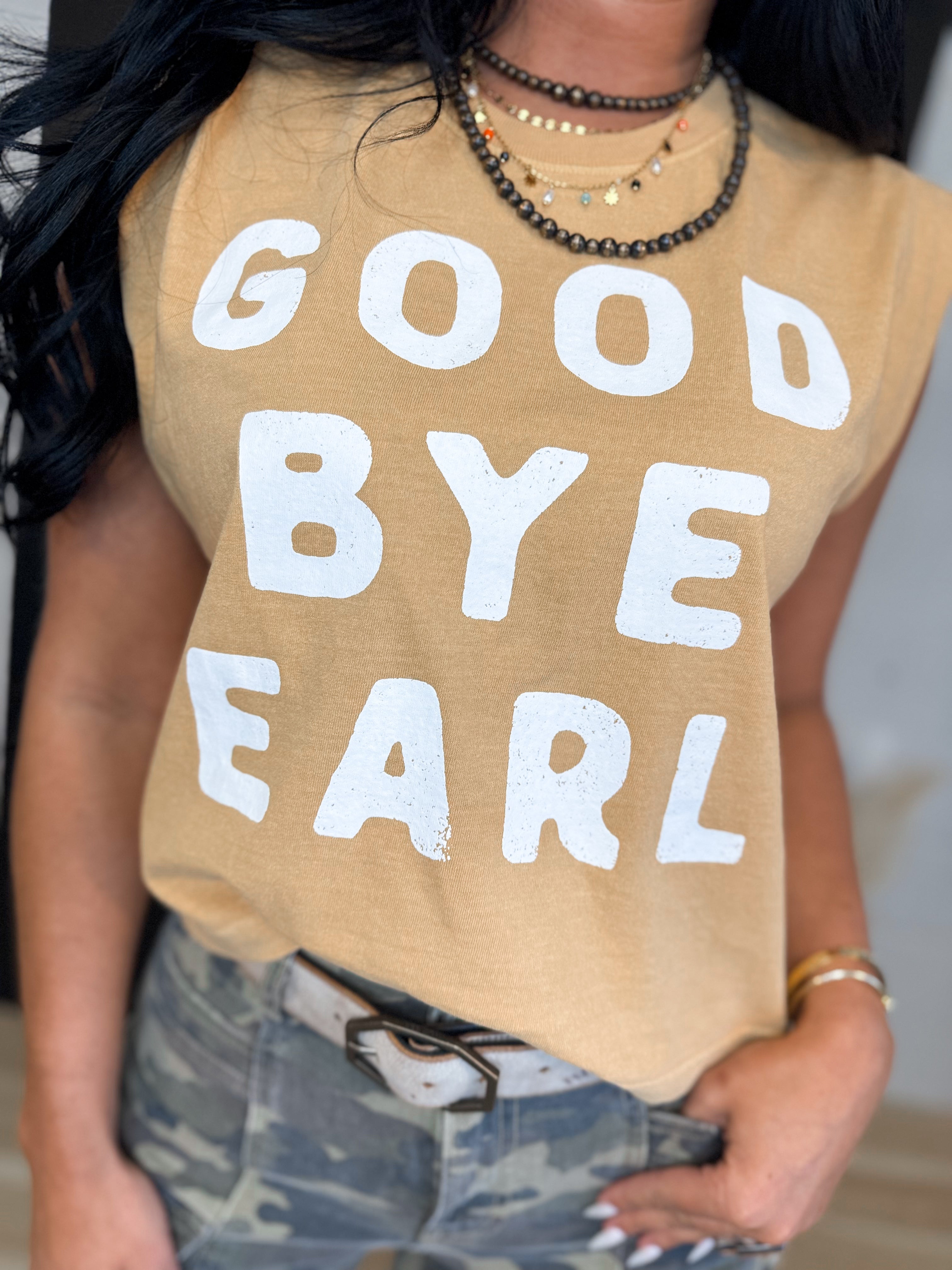 Good Bye Earl Graphic Muscle Tank - Faded Mustard - Lace and Grace Boutique