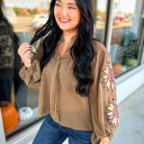 Embroidered Quilt Star Patch Crinkled Blouse - Olive