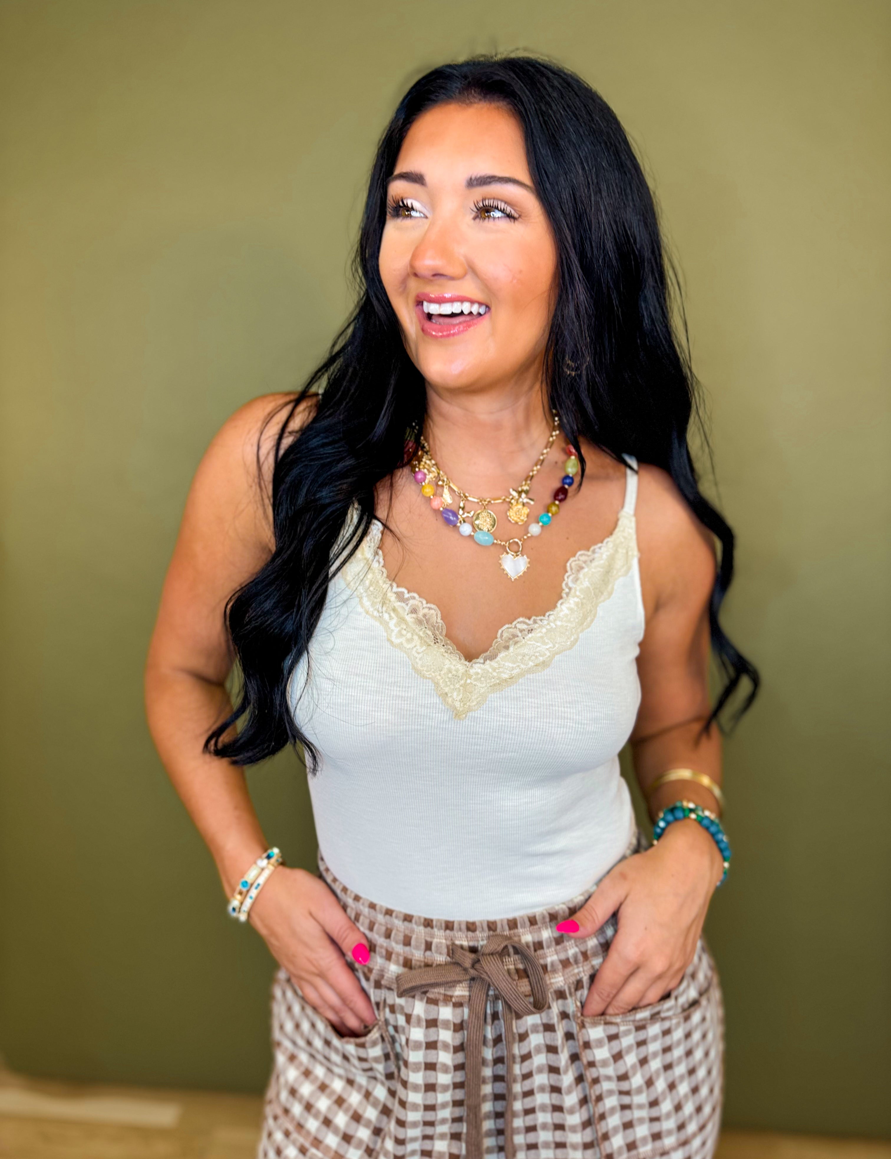 Lace Detail V-Neck Cami Tank Top - Cream - Lace and Grace Boutique