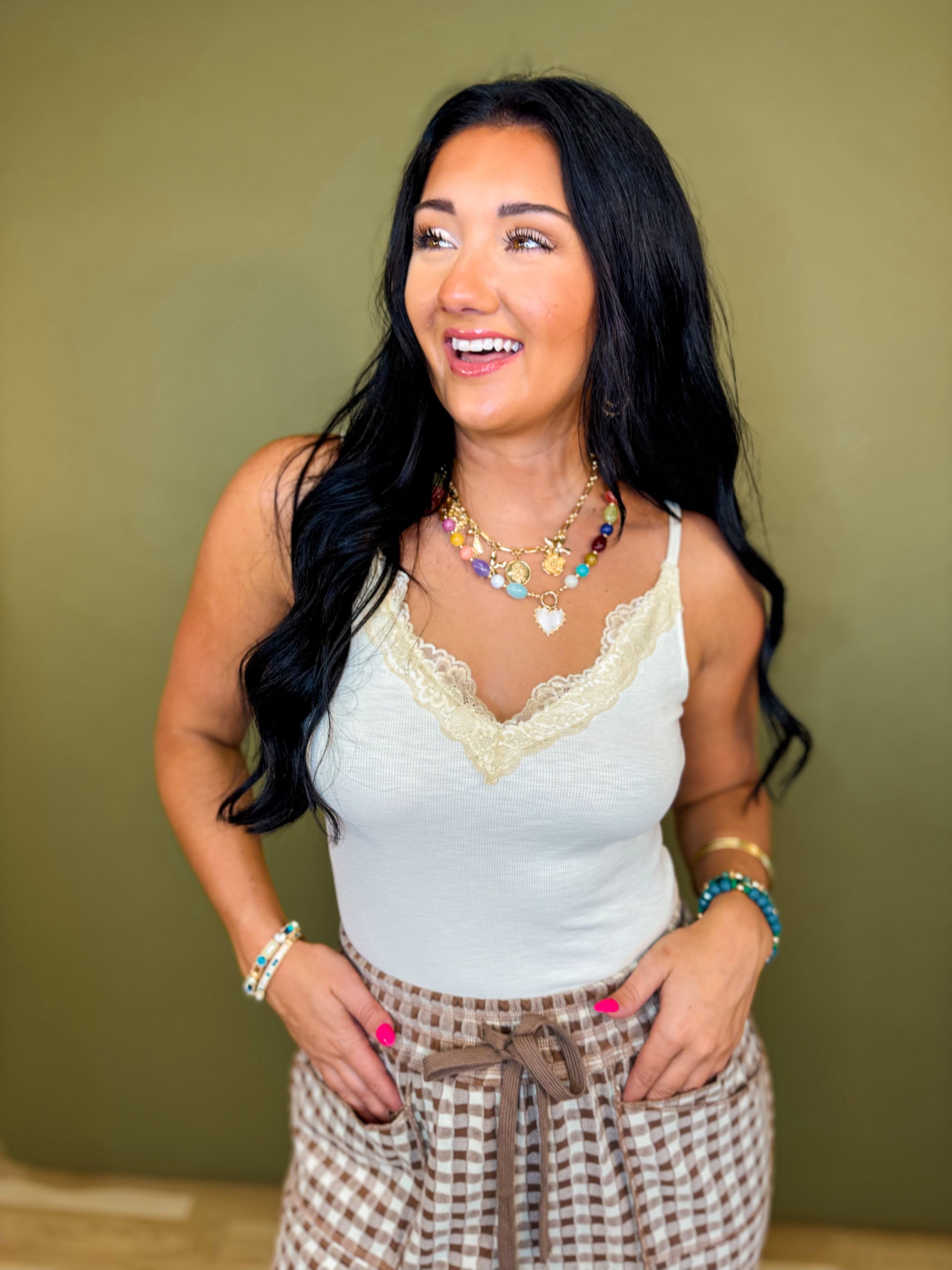 Lace Detail V-Neck Cami Tank Top - Cream - Lace and Grace Boutique