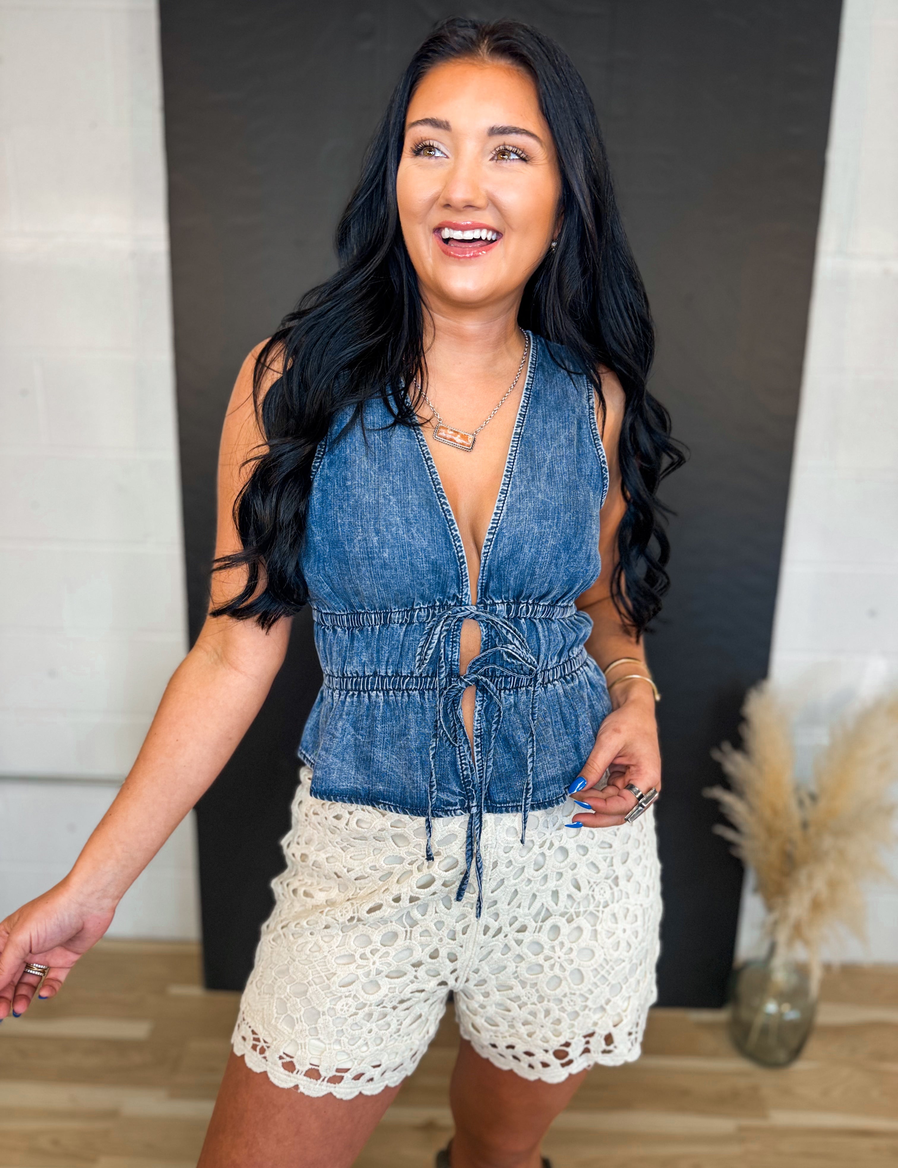 Denim Tie Front Vest - Blue - Lace and Grace Boutique