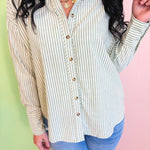 Oversized Striped Button Down Top - Sage - Lace and Grace Boutique