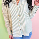 Oversized Striped Button Down Top - Sage - Lace and Grace Boutique