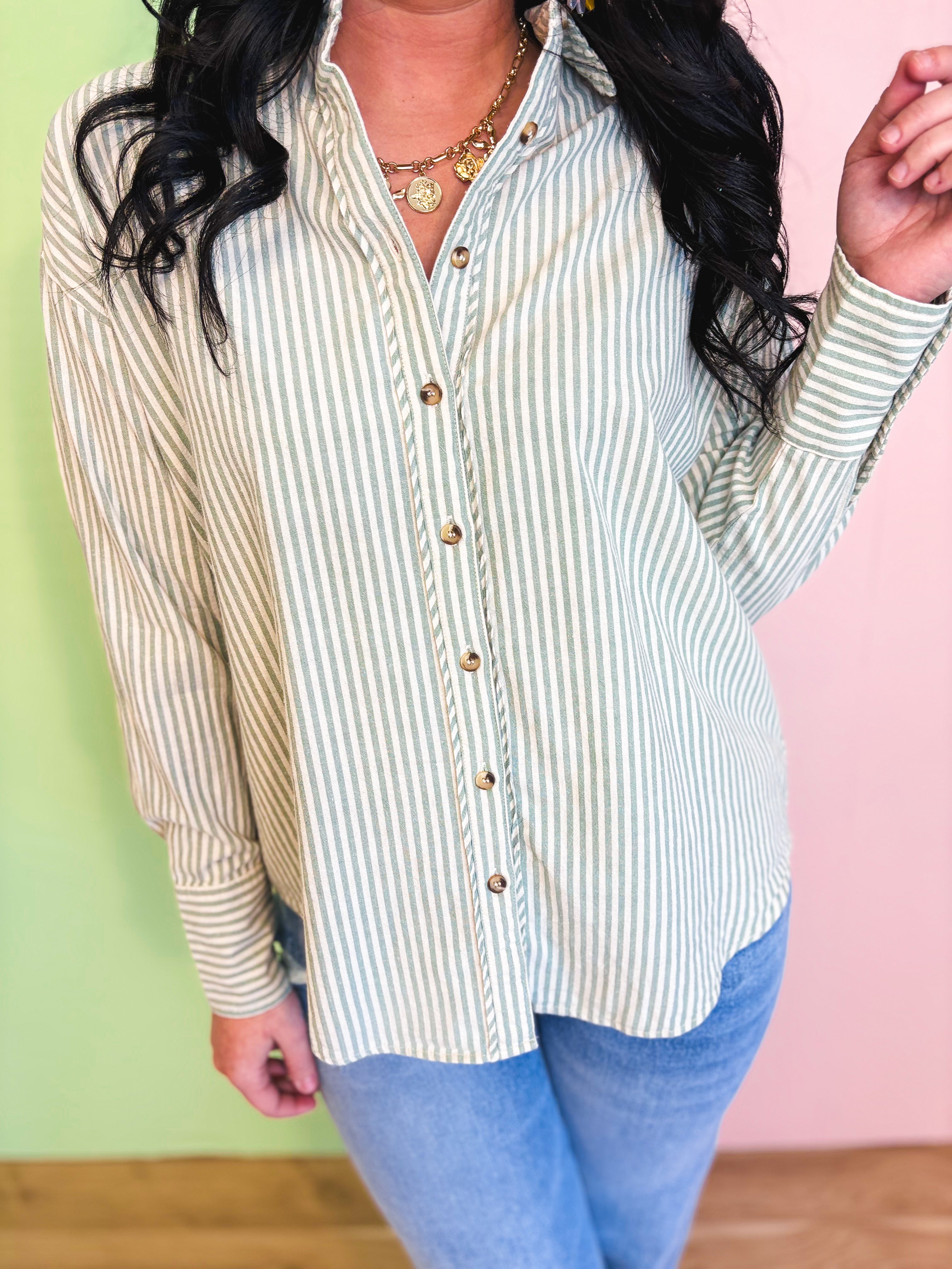 Oversized Striped Button Down Top - Sage - Lace and Grace Boutique