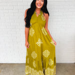 Smocked Border Print Maxi Dress - Olive Palm - Lace and Grace Boutique