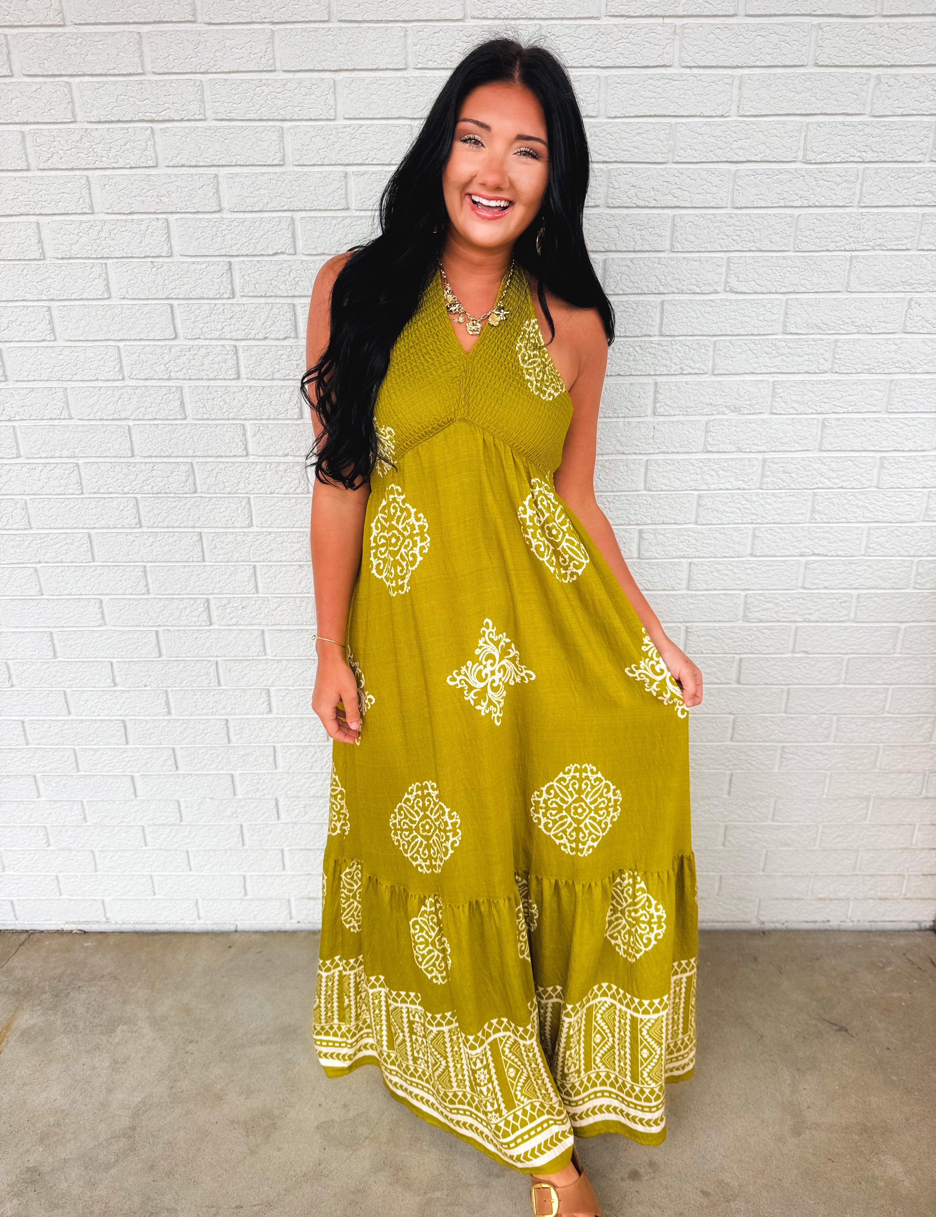 Smocked Border Print Maxi Dress - Olive Palm - Lace and Grace Boutique