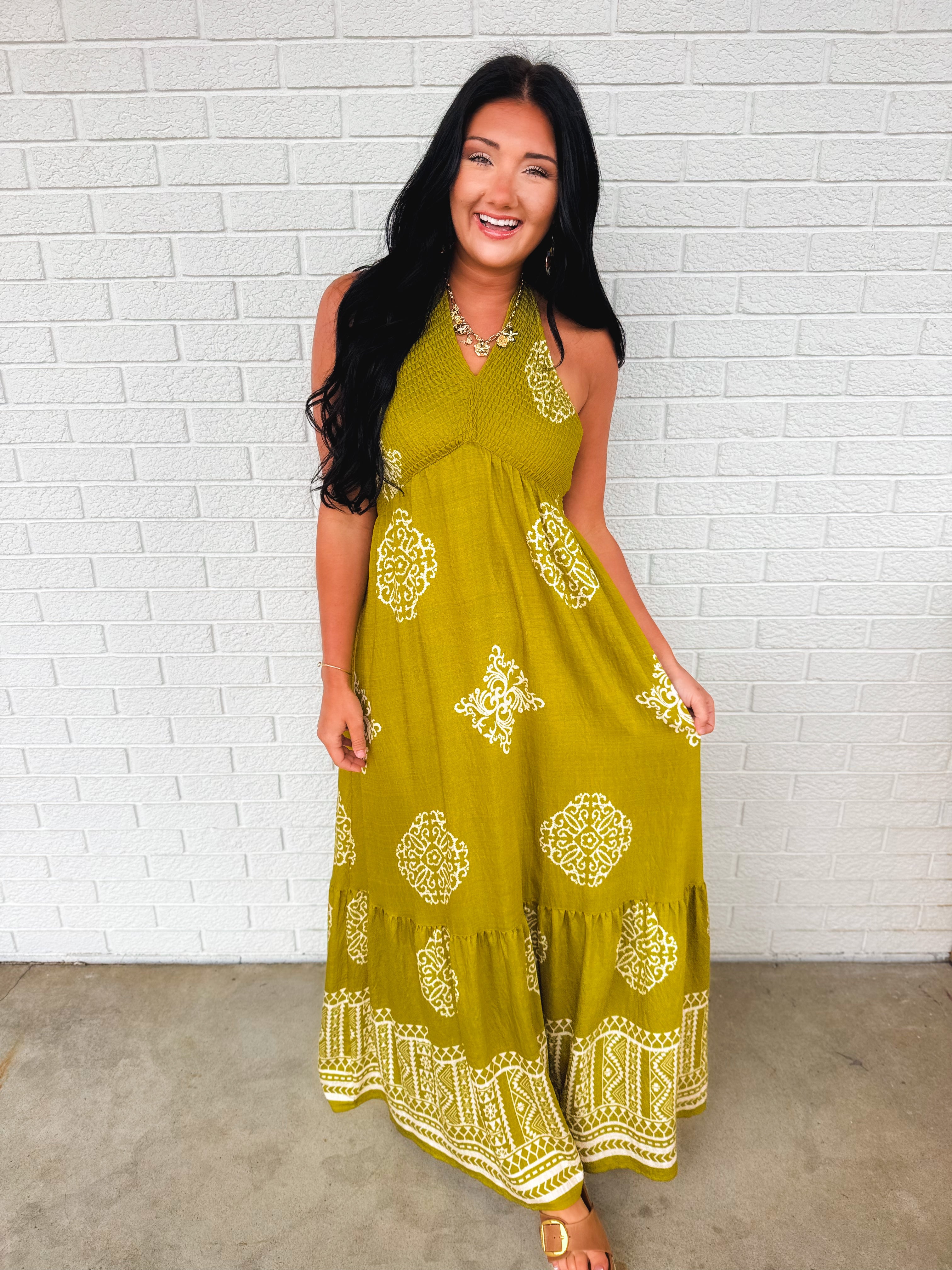 Smocked Border Print Maxi Dress - Olive Palm - Lace and Grace Boutique