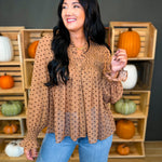 Polka Dot Printed Flowy Sheer Blouse - Mocha - Lace and Grace Boutique