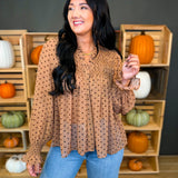 Polka Dot Printed Flowy Sheer Blouse - Mocha - Lace and Grace Boutique