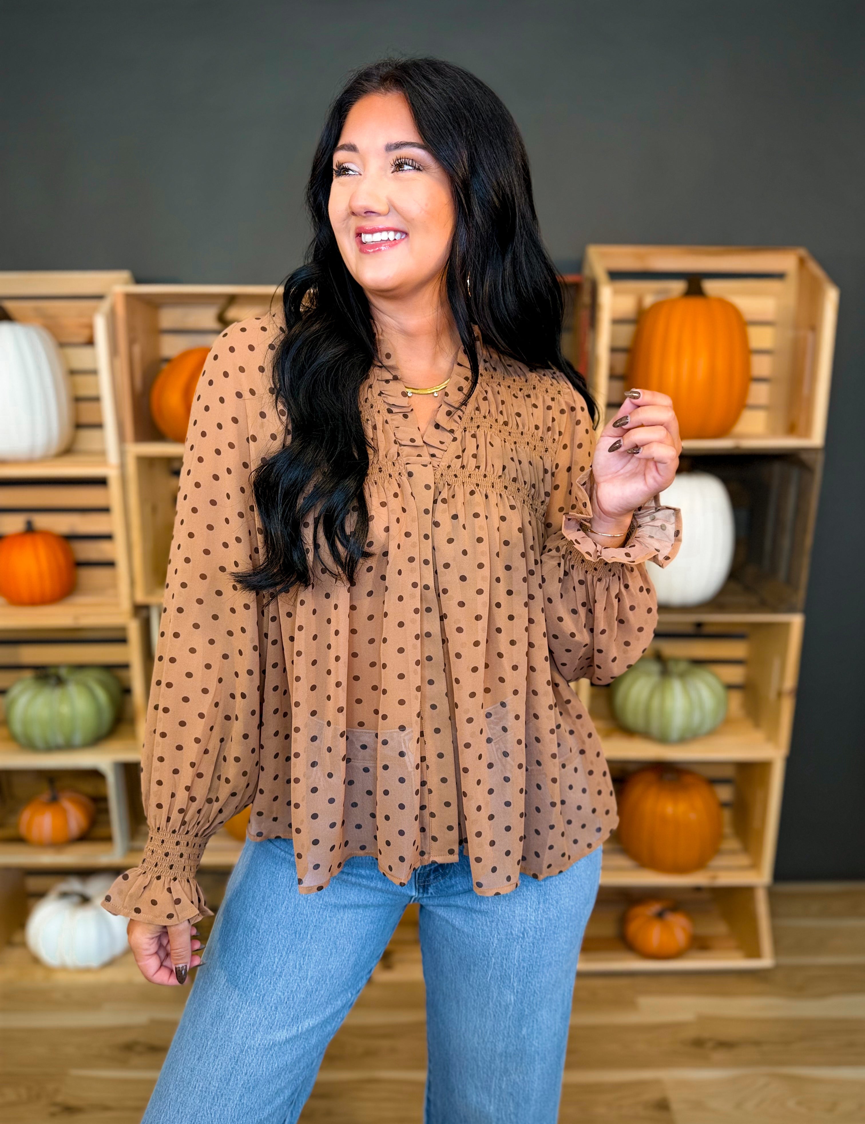 Polka Dot Printed Flowy Sheer Blouse - Mocha - Lace and Grace Boutique