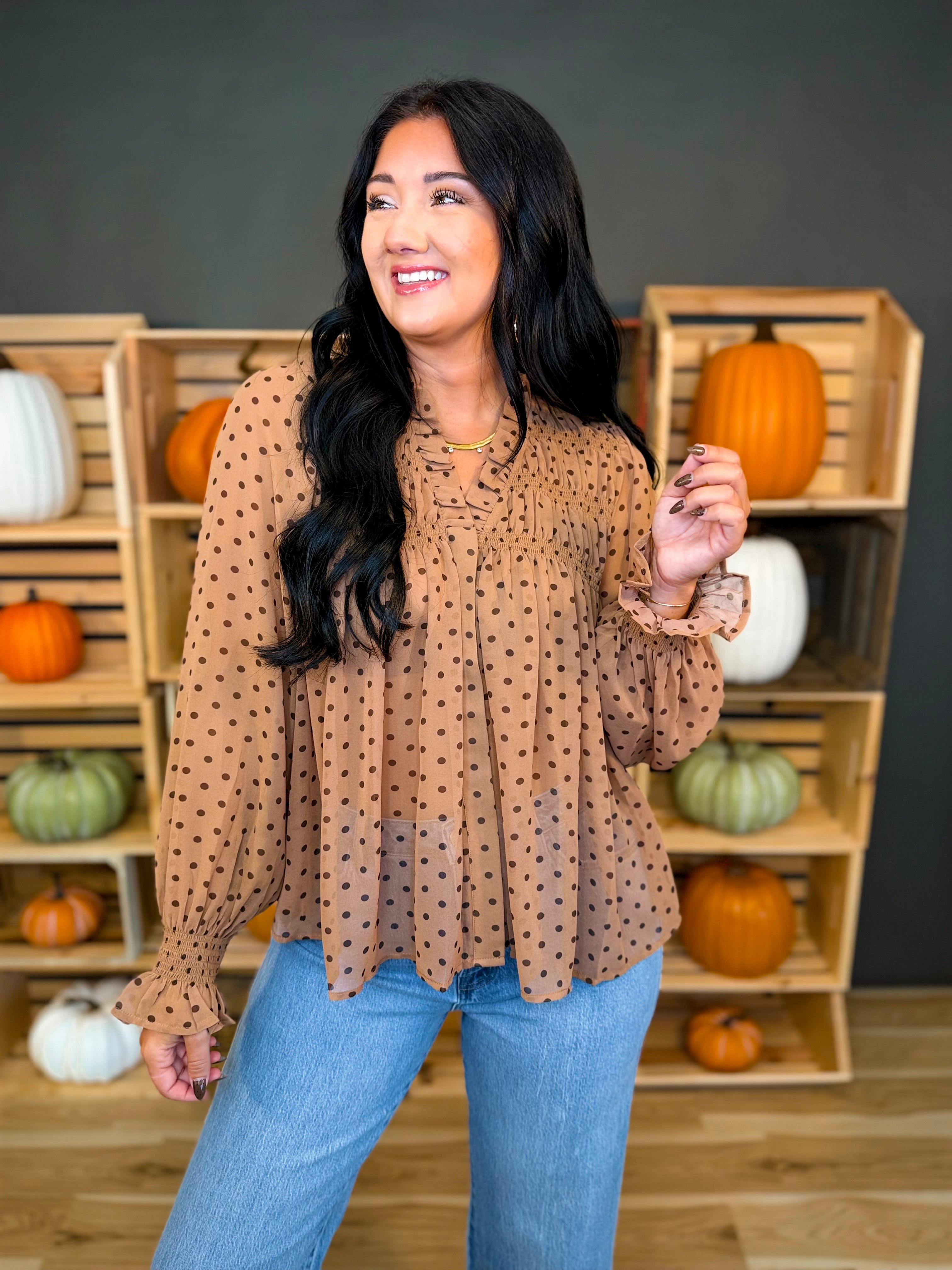 Polka Dot Printed Flowy Sheer Blouse - Mocha - Lace and Grace Boutique