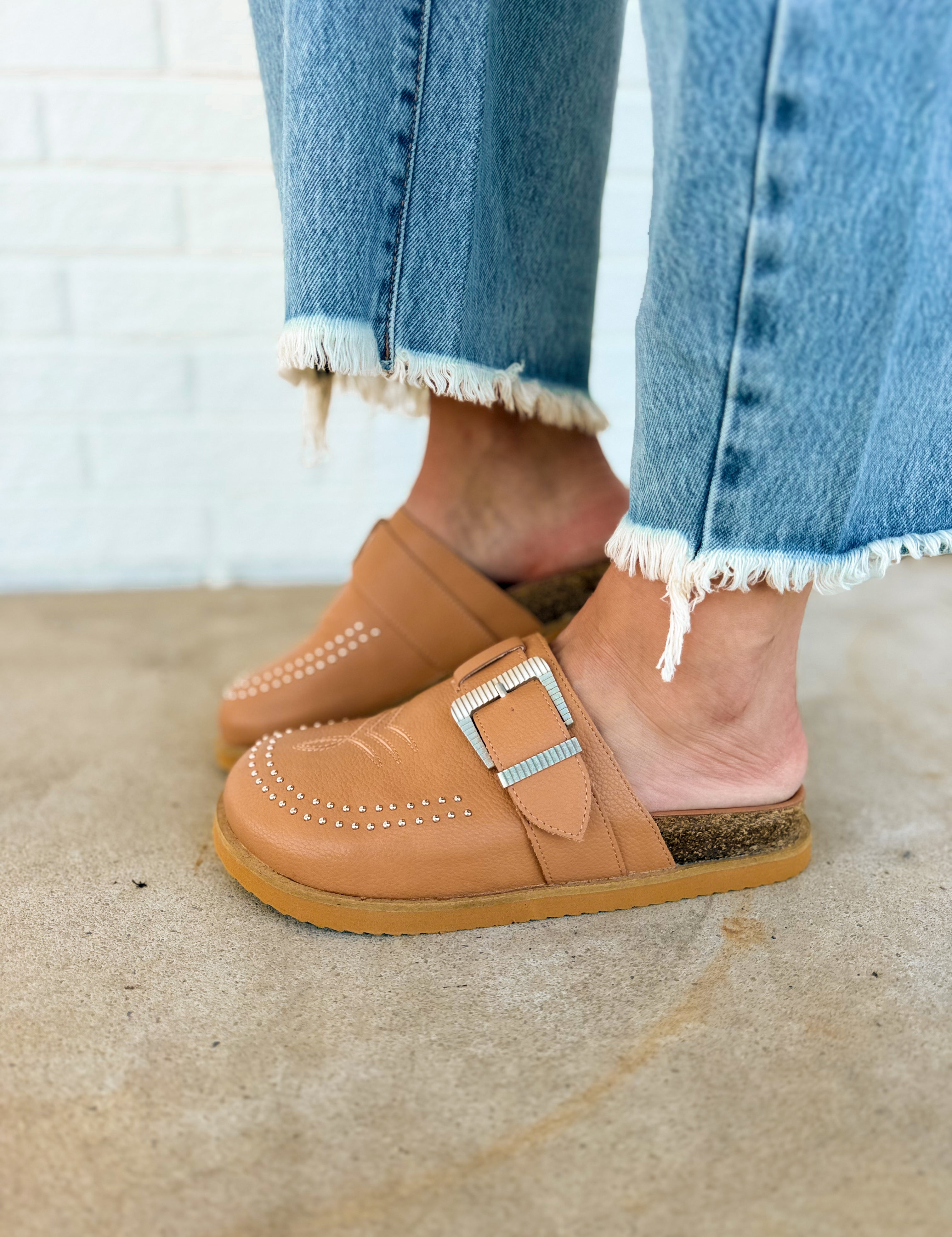 Josephine Suede Studded Clog - Camel - Lace and Grace Boutique