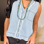 Striped V-Neck Button Down Tank Top - Light Denim - Lace and Grace Boutique