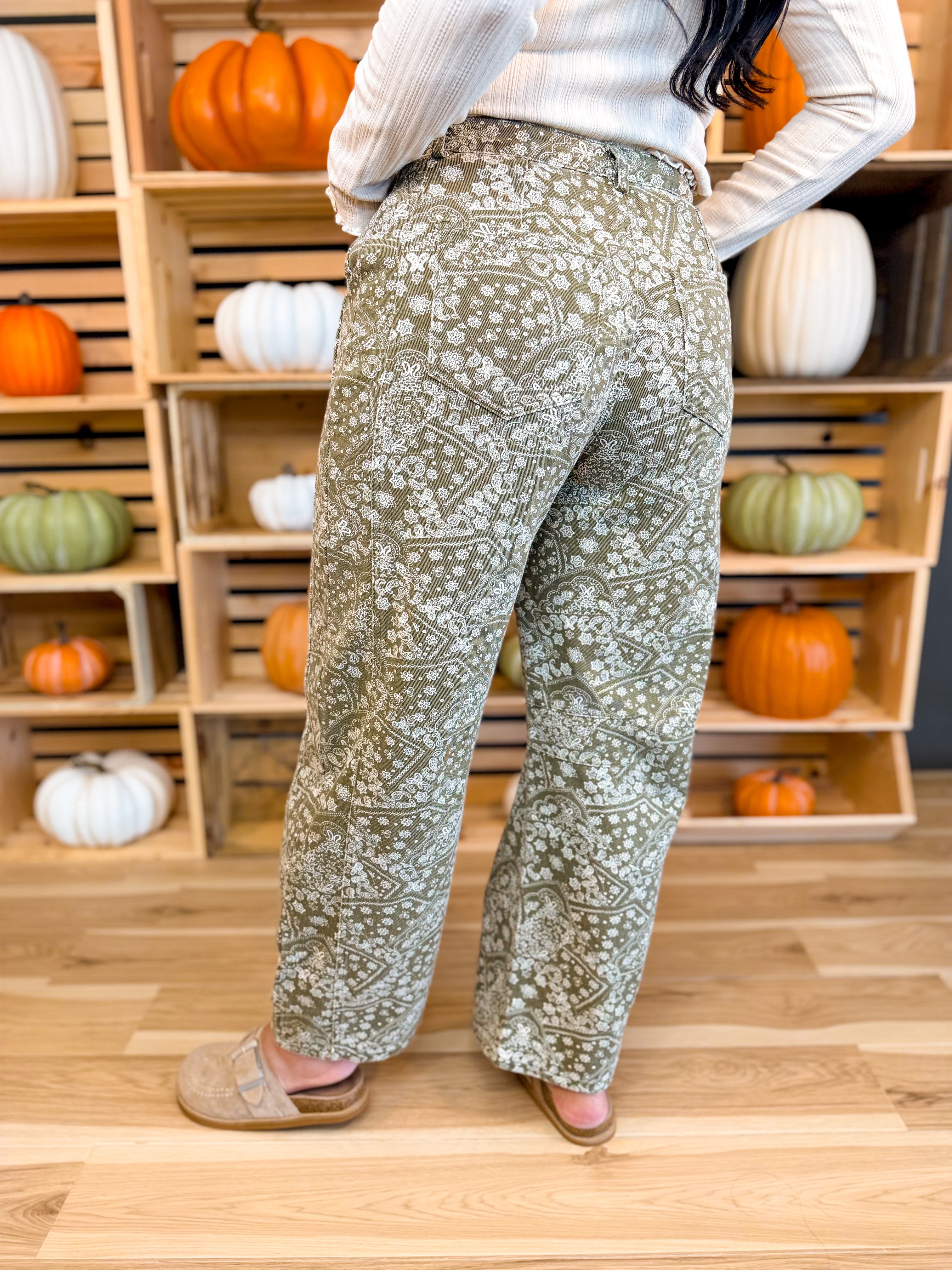 Paisley Print Relaxed Fit Barrel Pants - Antique Olive - Lace and Grace Boutique