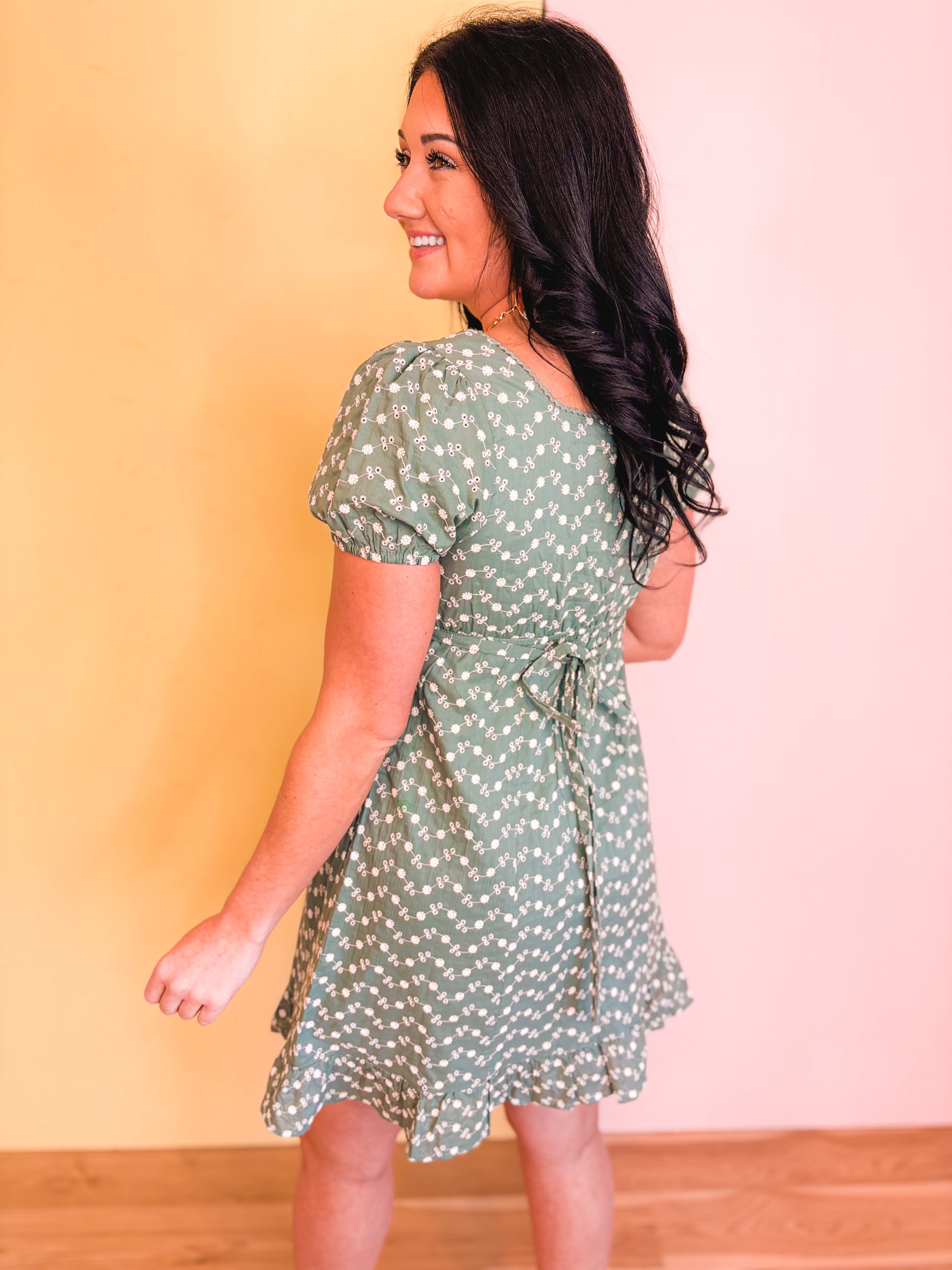 Embroidered Babydoll Mini Dress - Eucalyptus - Lace and Grace Boutique