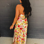 Strapless Bias Cut Satin Maxi Dress - Garden Multi - Lace and Grace Boutique
