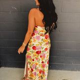 Strapless Bias Cut Satin Maxi Dress - Garden Multi - Lace and Grace Boutique