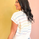 Striped Sleeve Detail Crewneck Sweater - White Multi - Lace and Grace Boutique