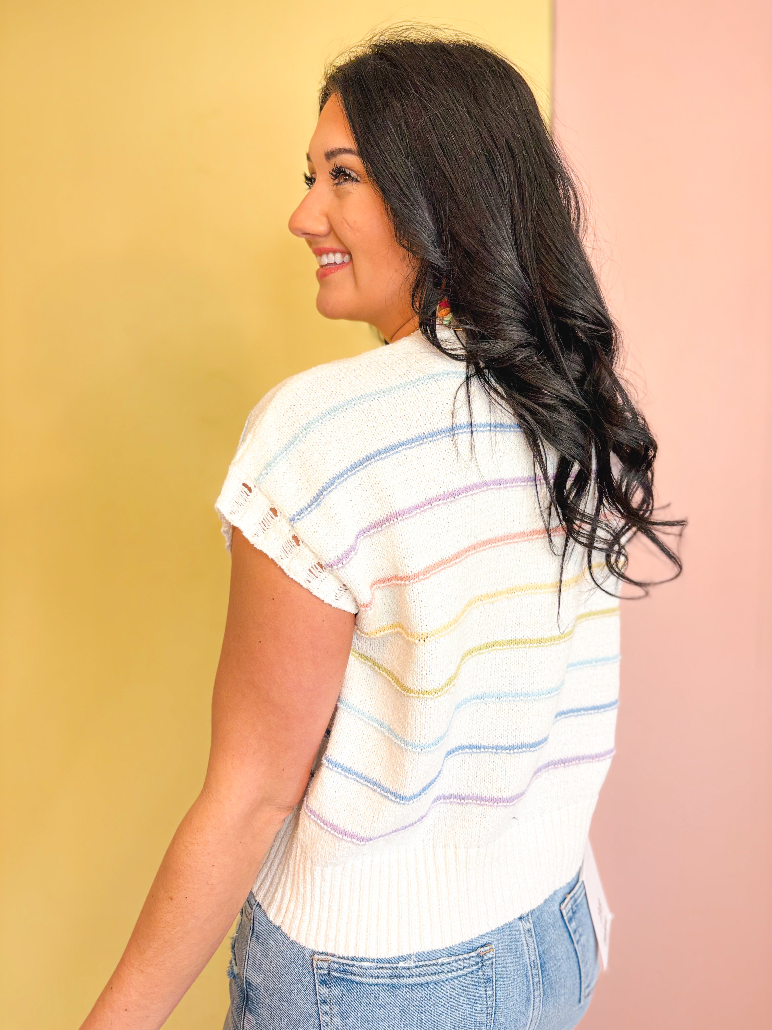 Striped Sleeve Detail Crewneck Sweater - White Multi - Lace and Grace Boutique