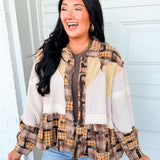 POL Patchwork Plaid & Thermal Knit Button Down Jacket - Almond