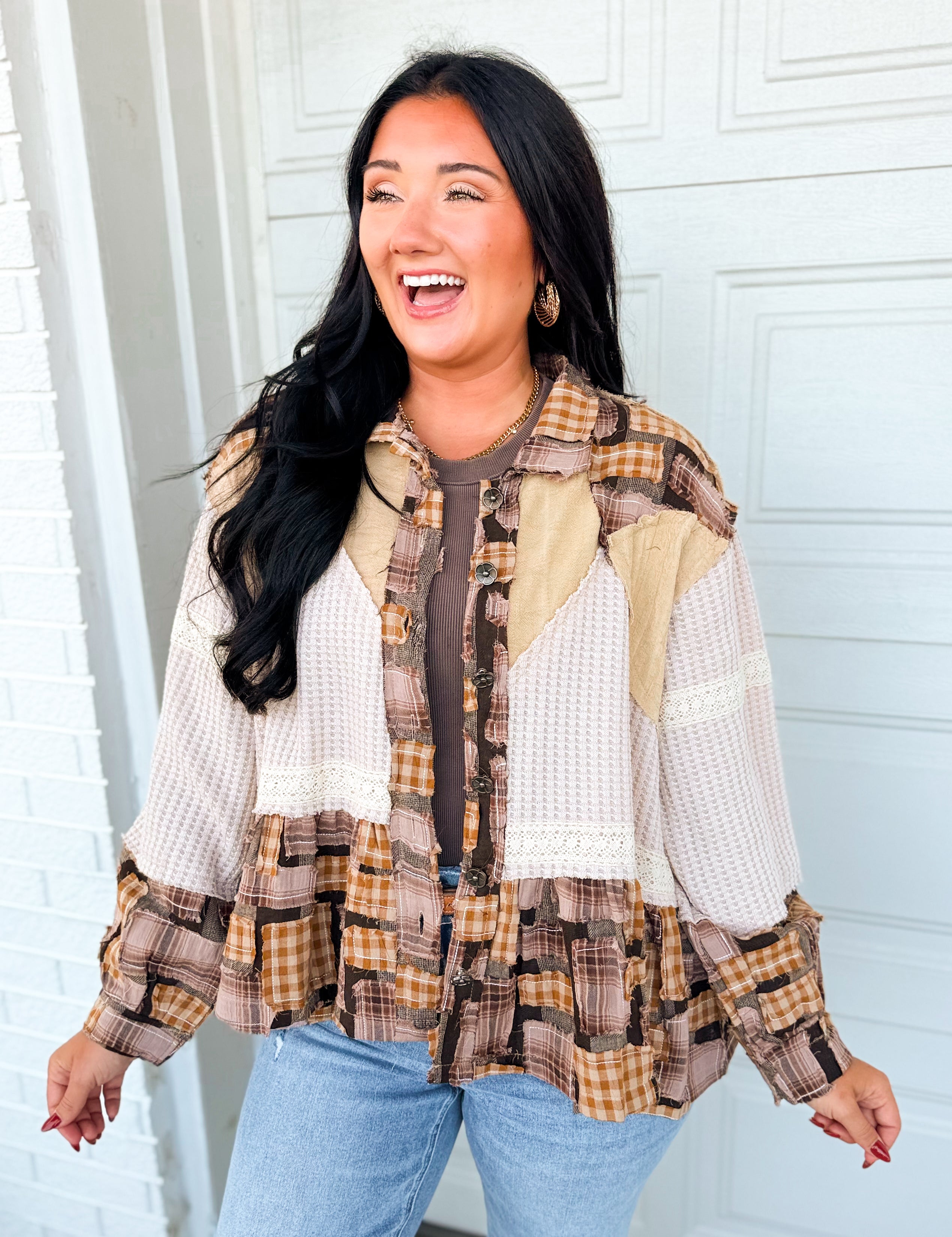 POL Patchwork Plaid & Thermal Knit Button Down Jacket - Almond - Lace and Grace Boutique