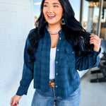Plaid Raw Edge Cropped Button Up Shirt - Navy Combo - Lace and Grace Boutique