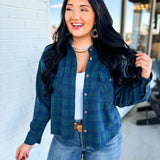Plaid Raw Edge Cropped Button Up Shirt - Navy Combo - Lace and Grace Boutique