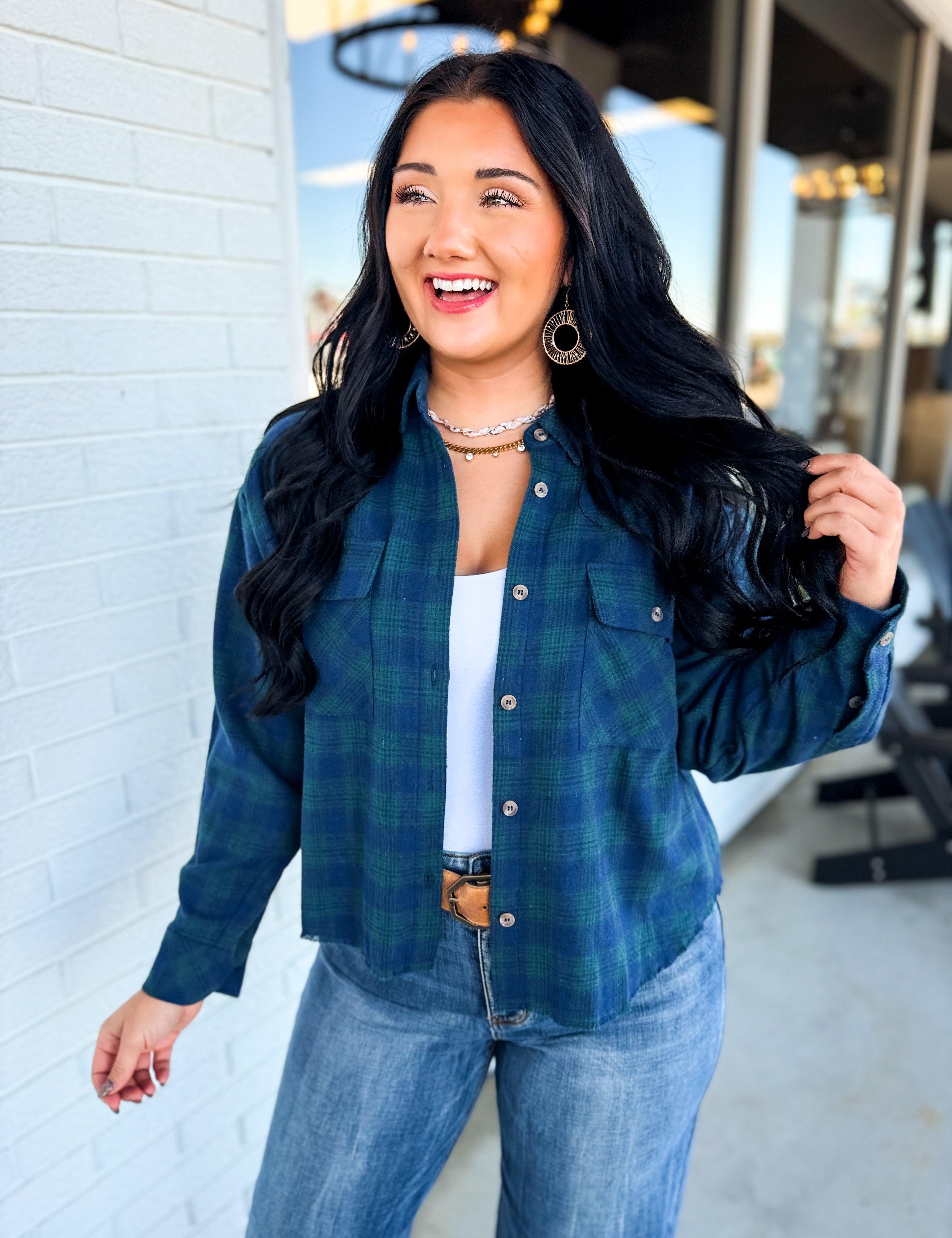 Plaid Raw Edge Cropped Button Up Shirt - Navy Combo - Lace and Grace Boutique
