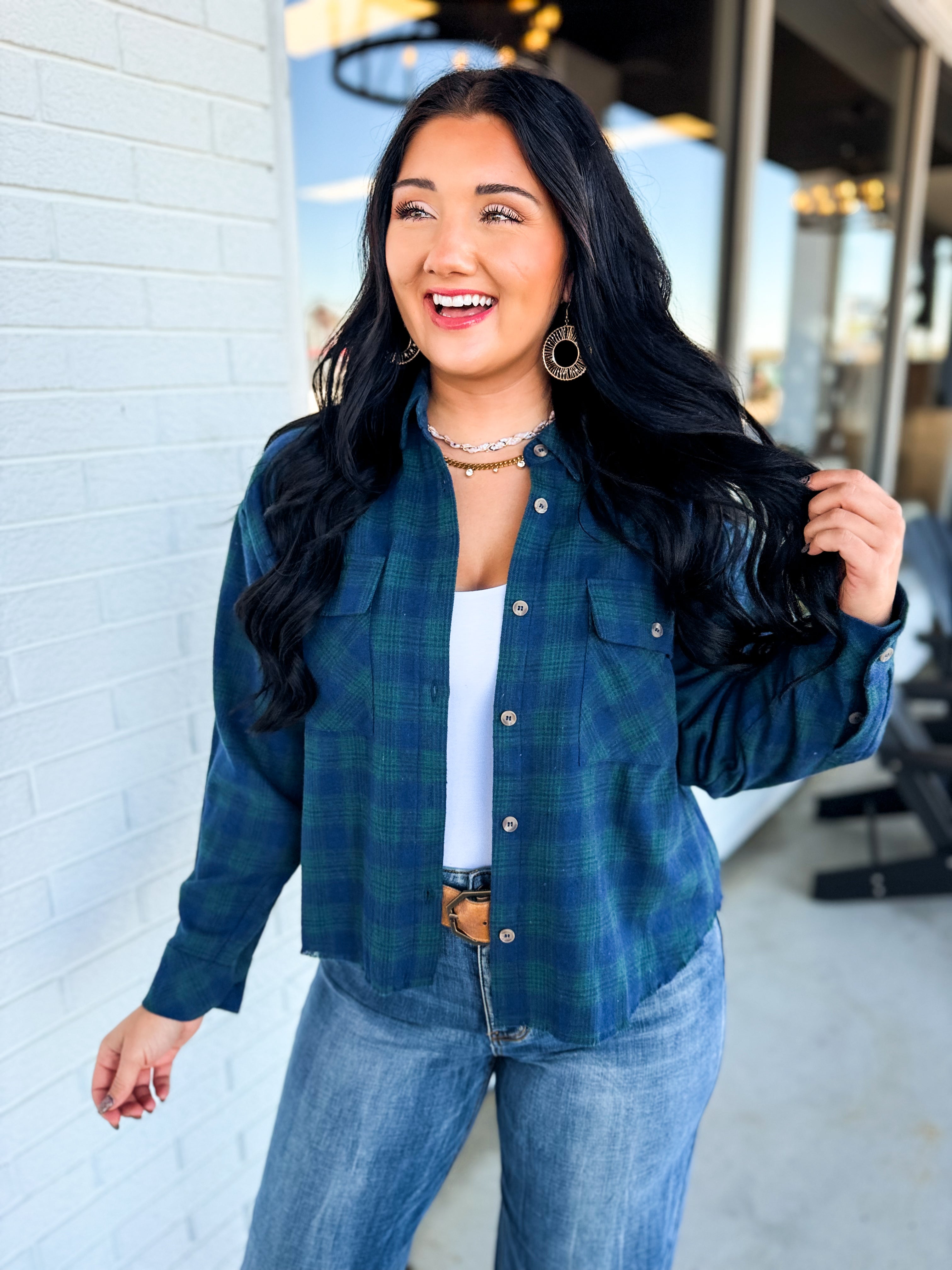 Plaid Raw Edge Cropped Button Up Shirt - Navy Combo - Lace and Grace Boutique