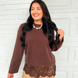 Scalloped Lace Hem Knit Crewneck Sweater - Chocolate