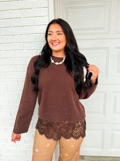 Scalloped Lace Hem Knit Crewneck Sweater - Chocolate - Lace and Grace Boutique