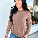 Corded Rib Exposed Seam Pullover Top - Brown - Lace and Grace Boutique