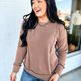 Corded Rib Exposed Seam Pullover Top - Brown - Lace and Grace Boutique