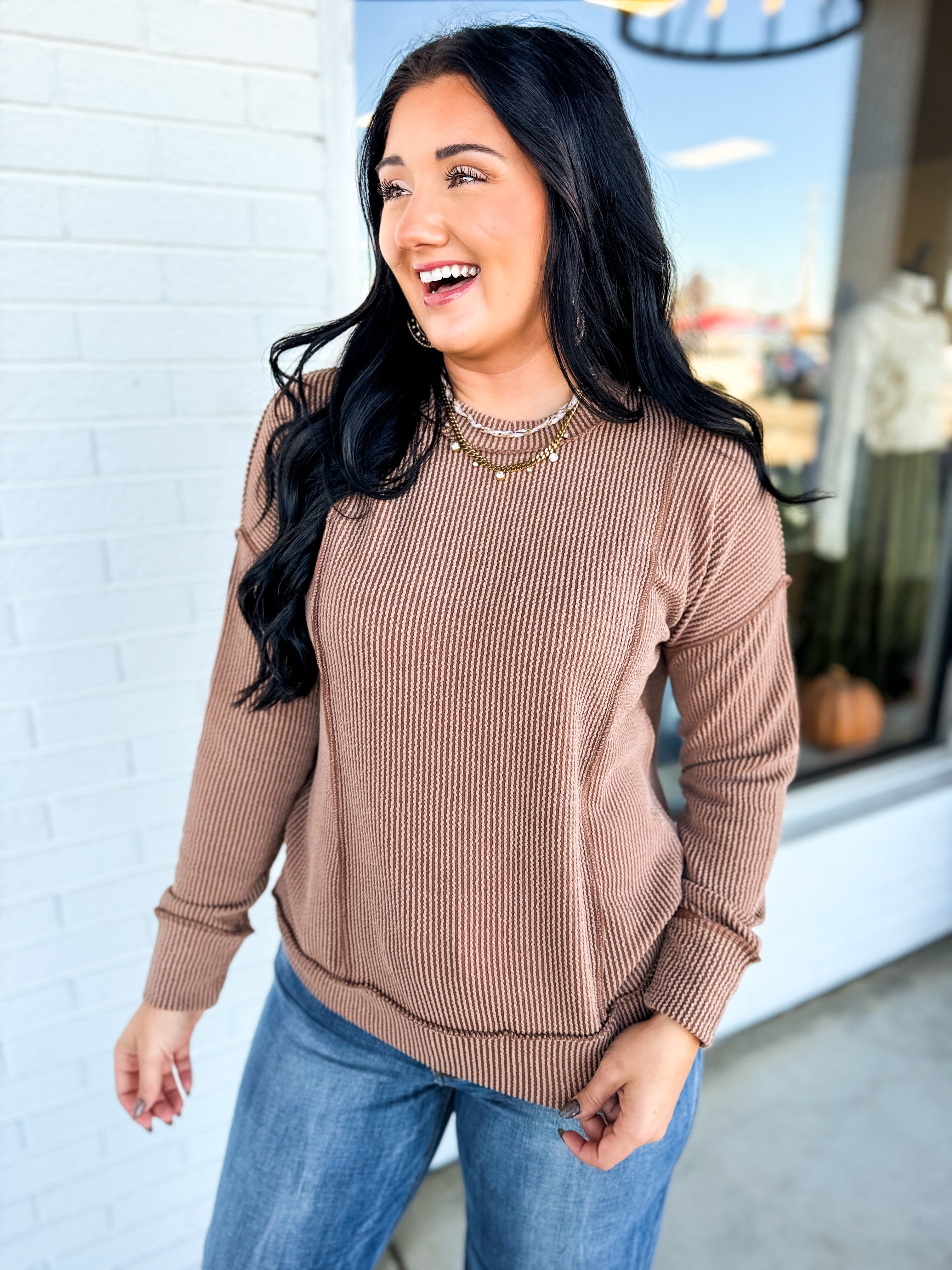 Corded Rib Exposed Seam Pullover Top - Brown - Lace and Grace Boutique