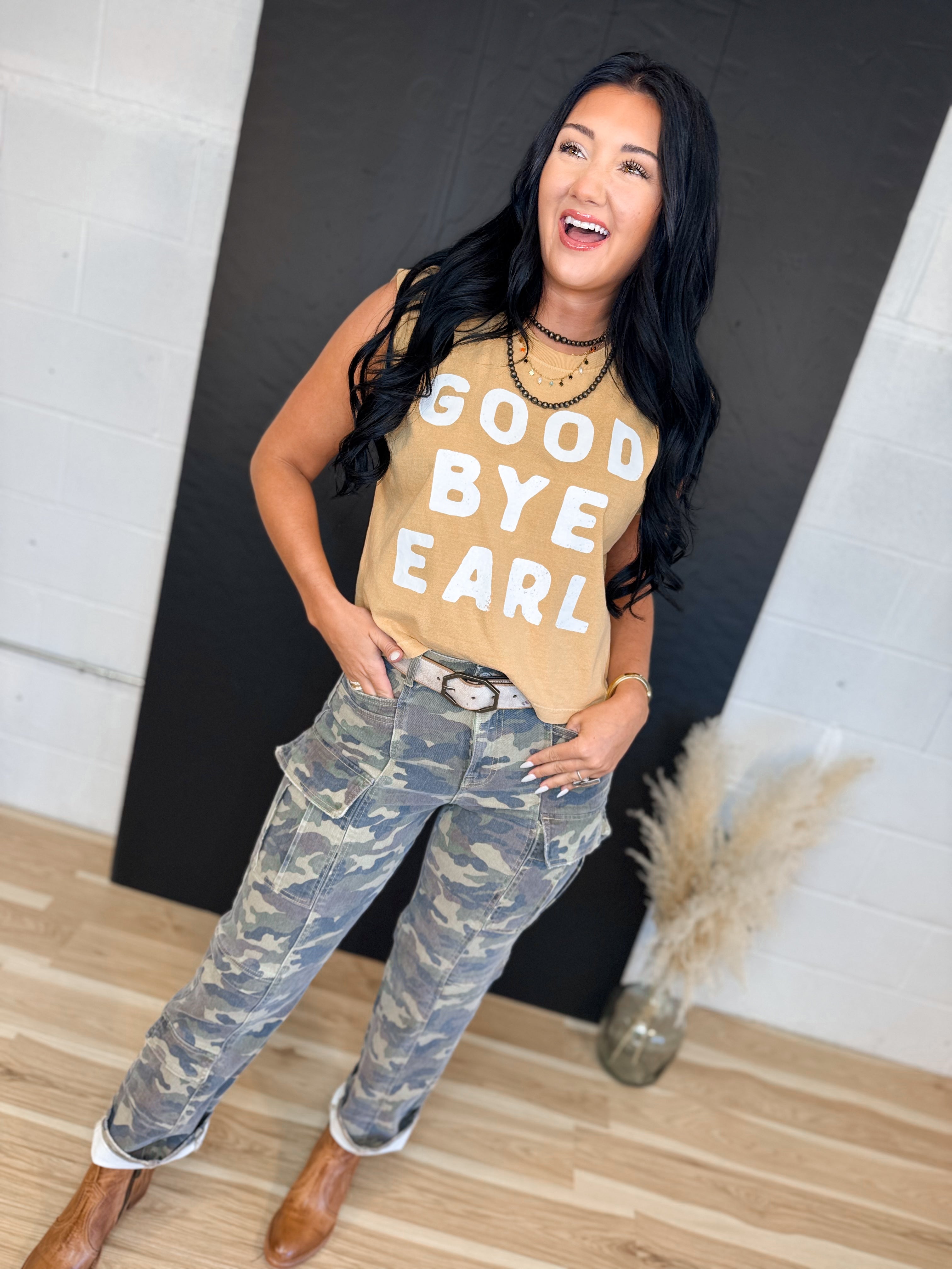 Good Bye Earl Graphic Muscle Tank - Faded Mustard - Lace and Grace Boutique