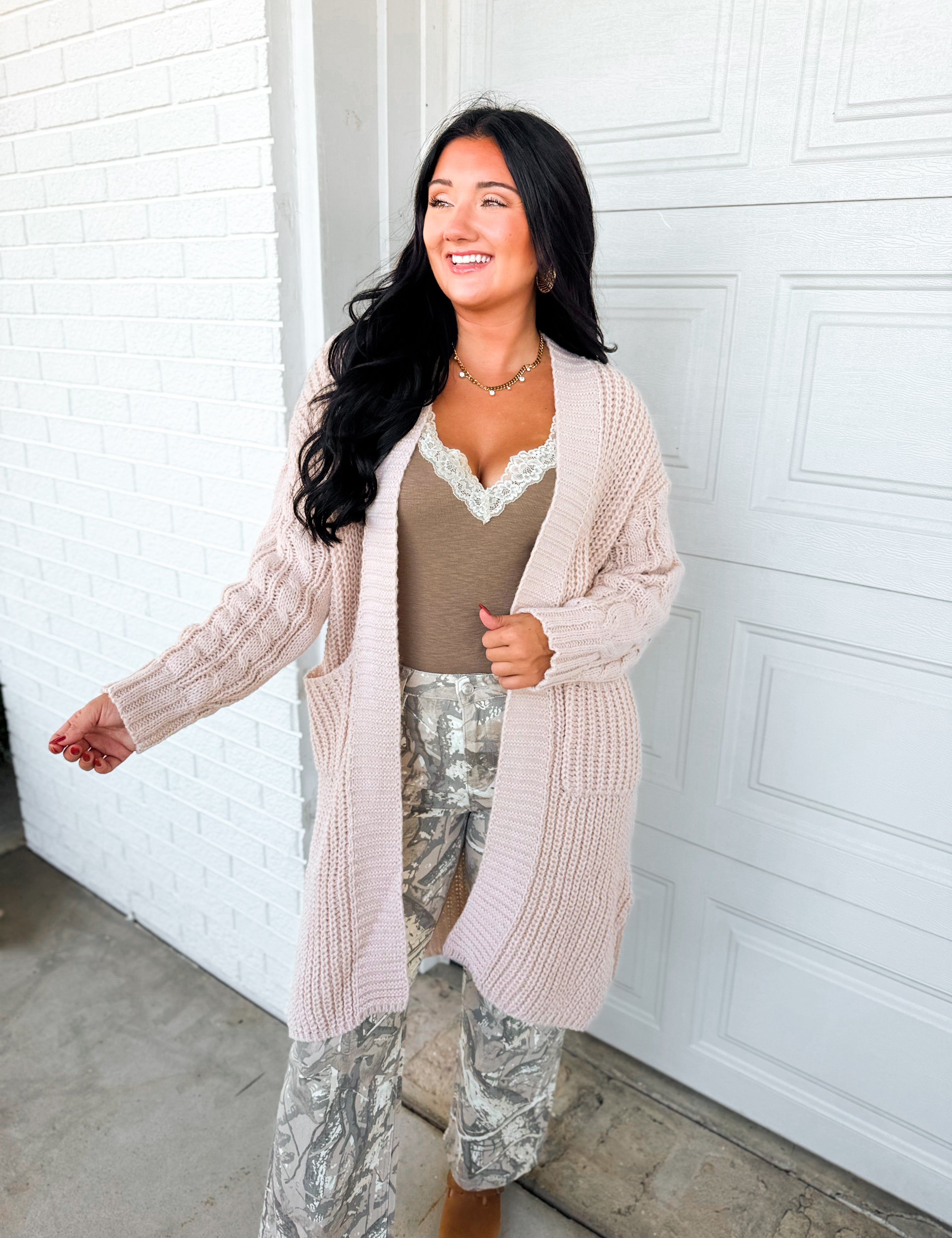 Solid Cable Knit Sleeve Knit Cardigan - Oatmeal - Lace and Grace Boutique