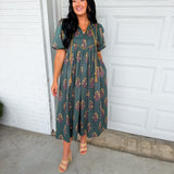 Floral Contrast Trim Puff Sleeve Maxi Dress - Dark Forest Green