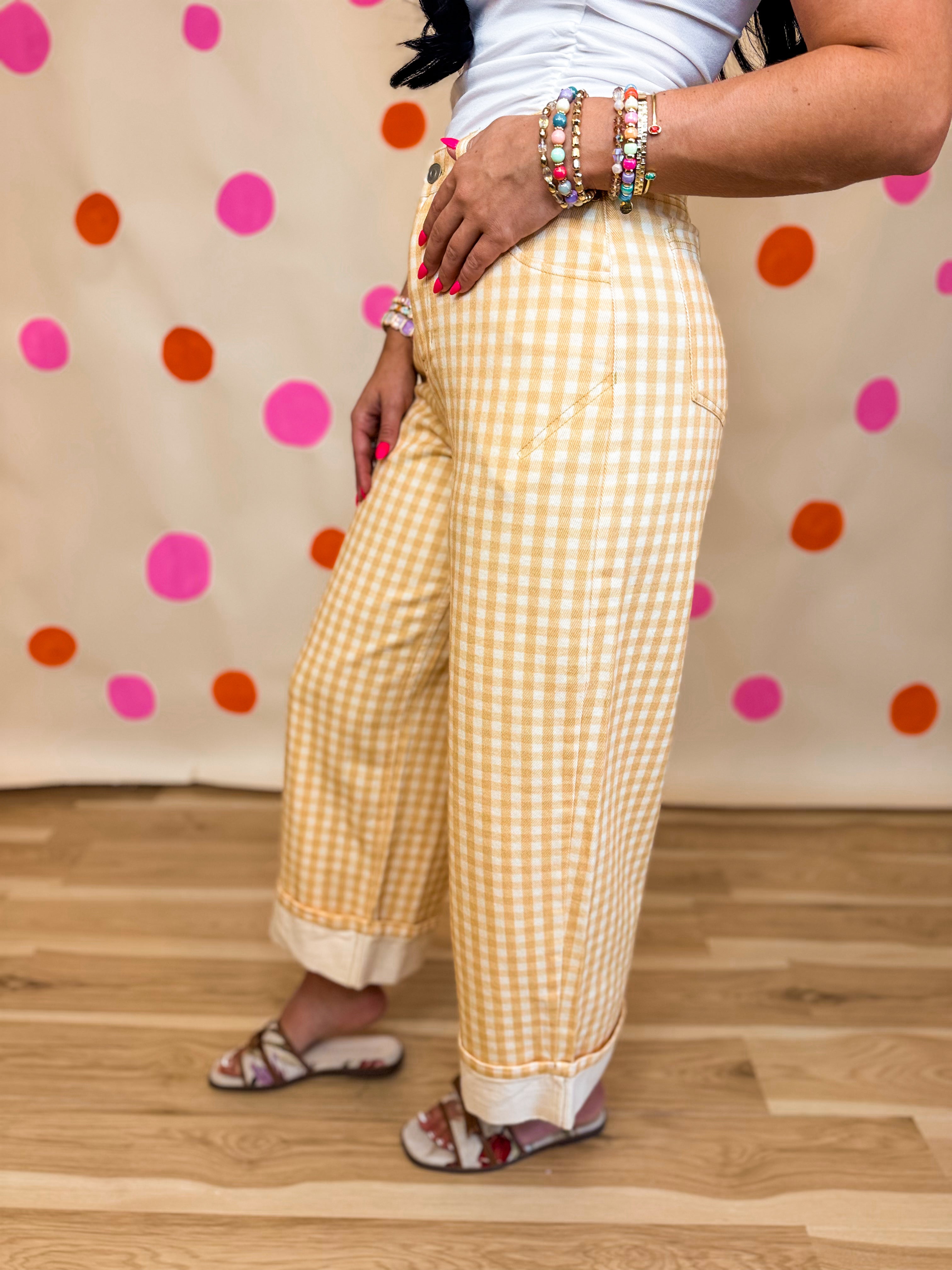 Gingham Printed Rolled Up Barrel Pants - Light Yellow - Lace and Grace Boutique