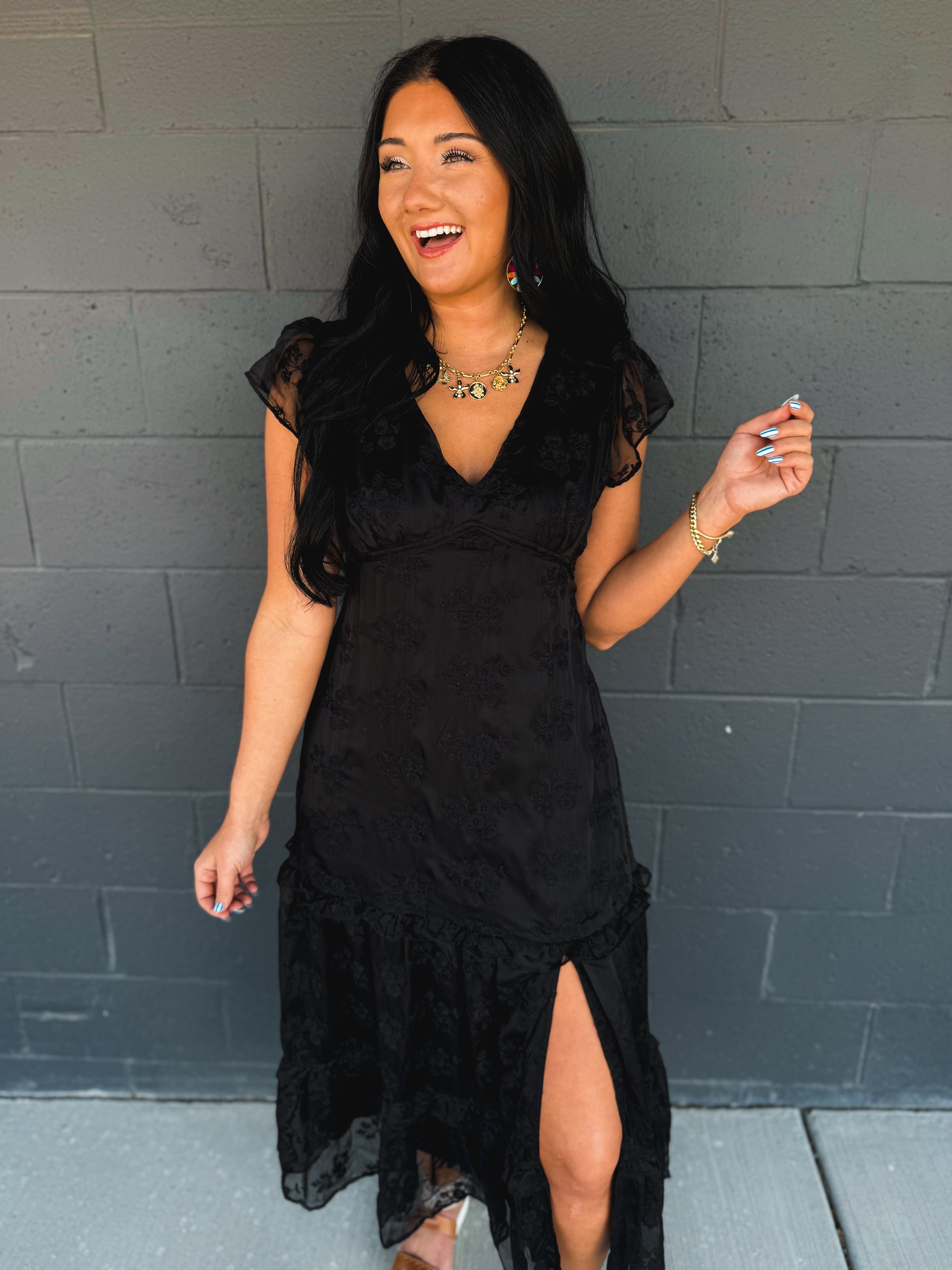 Floral Lace Embroidered Tiered Maxi Dress - Black - Lace and Grace Boutique